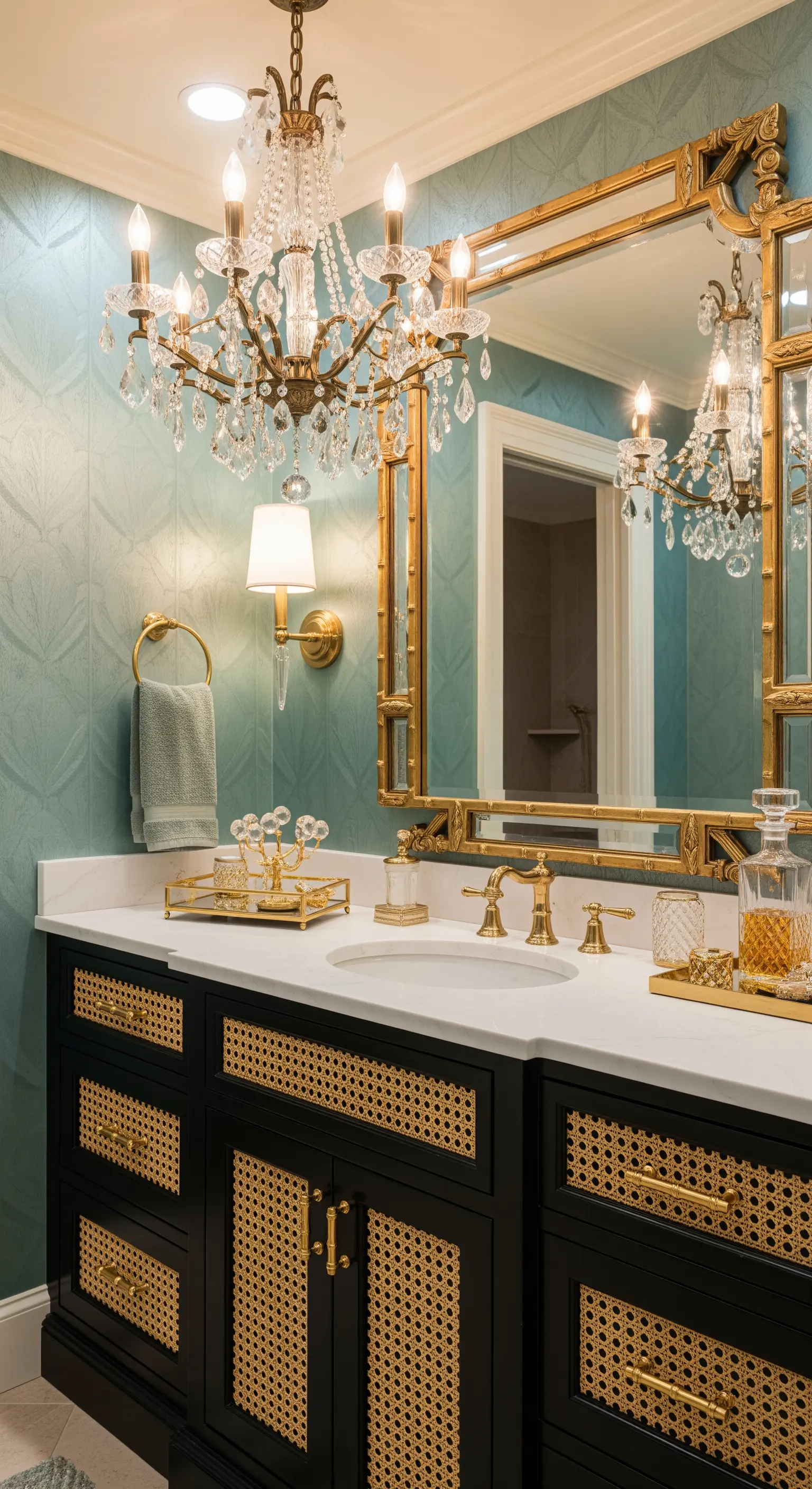 Mobile da bagno nero e rattan con dettagli dorati e lampadario di cristallo.