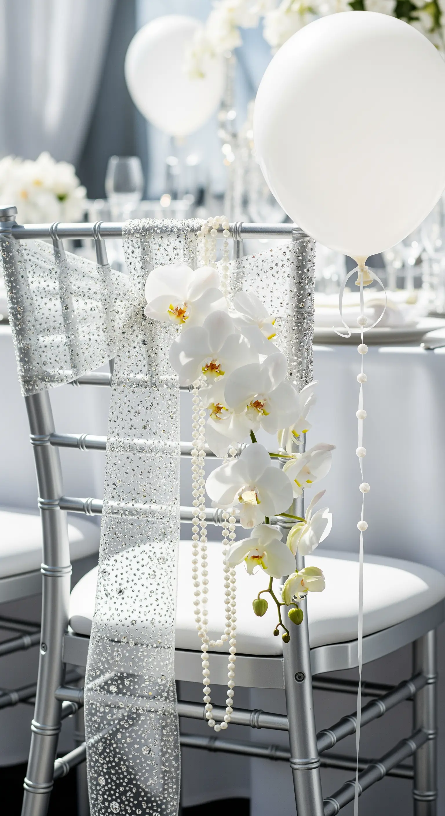 Sedia argentata con nastro glitterato, cascata di orchidee bianche e filo di perle.
