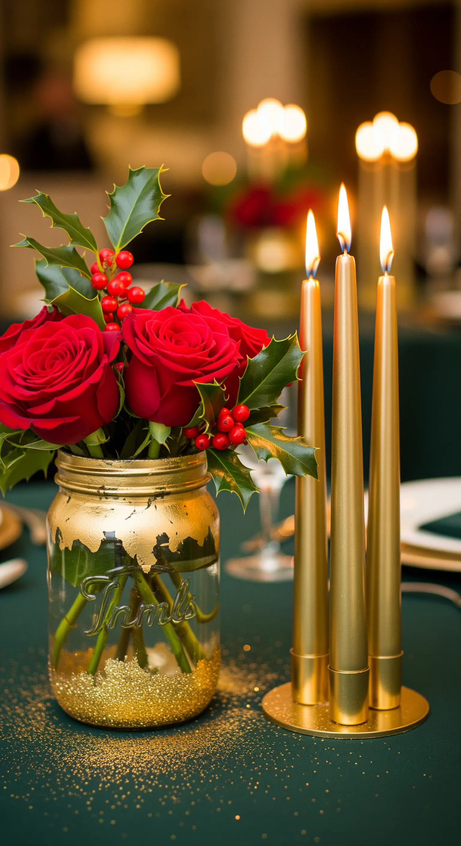 Centrotavola natalizio con vaso decorato in oro, rose rosse e candele dorate sottili.