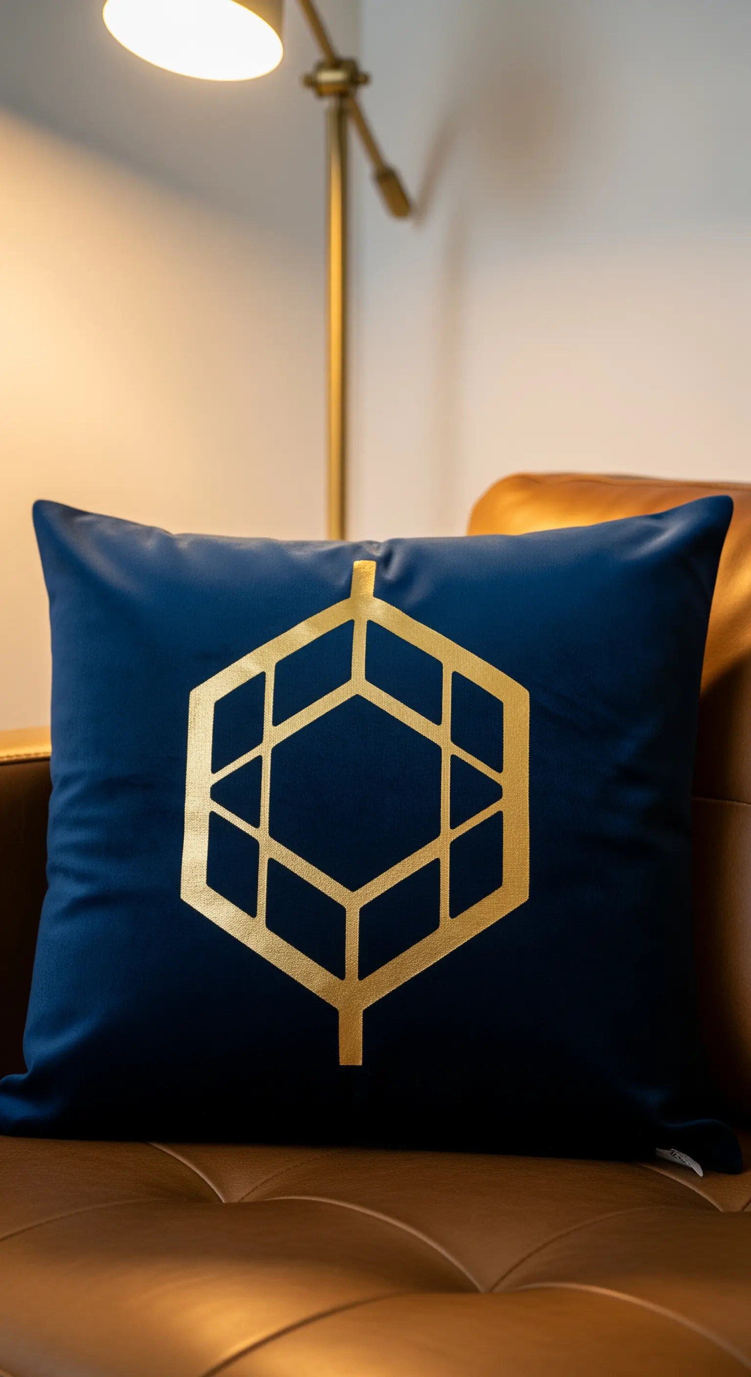 Cuscino in velluto blu con un motivo geometrico esagonale dorato stampato al centro.