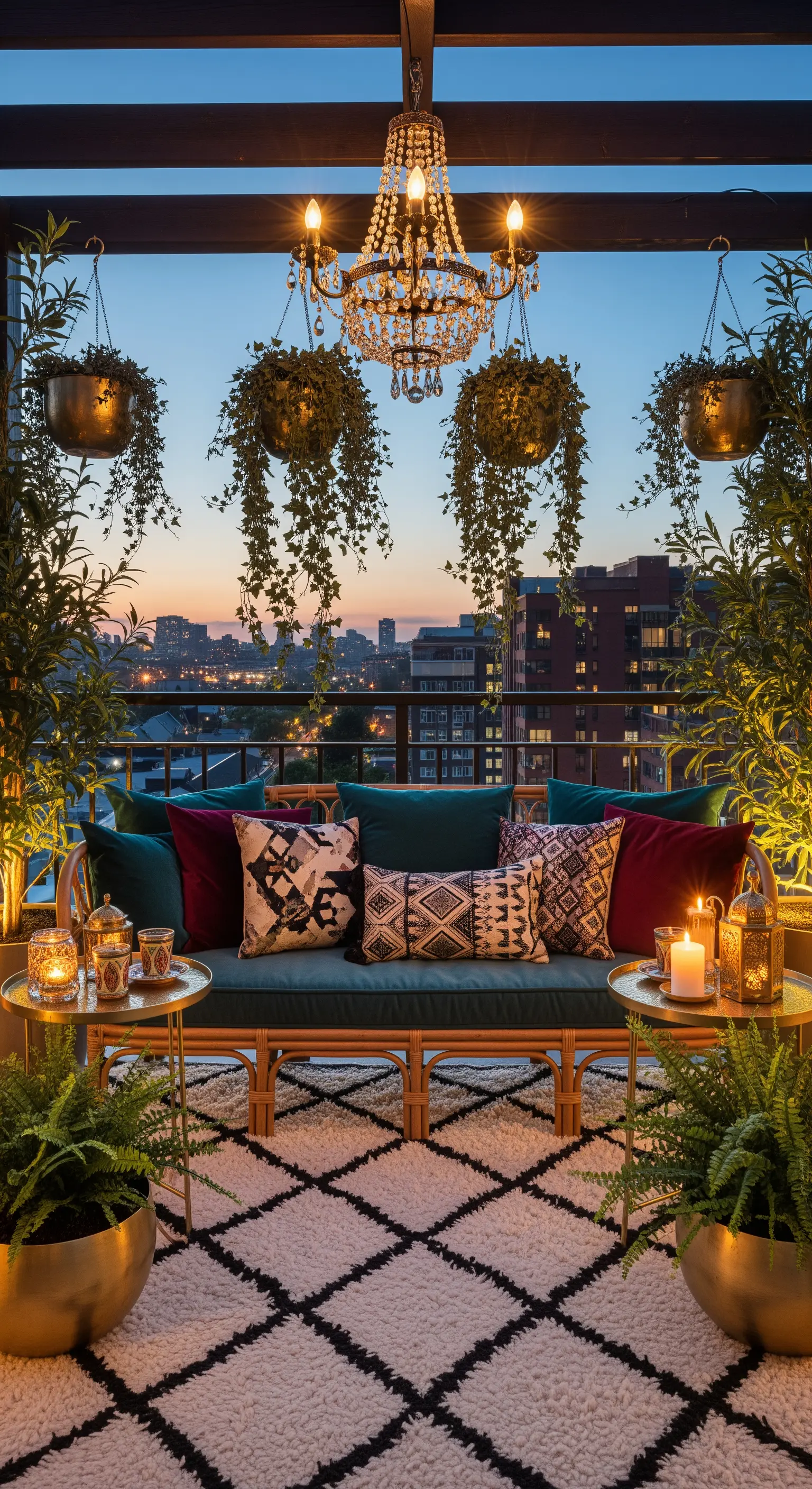 Balcone elegante con lampadario di cristallo, divano in bambù con cuscini in velluto e piante.