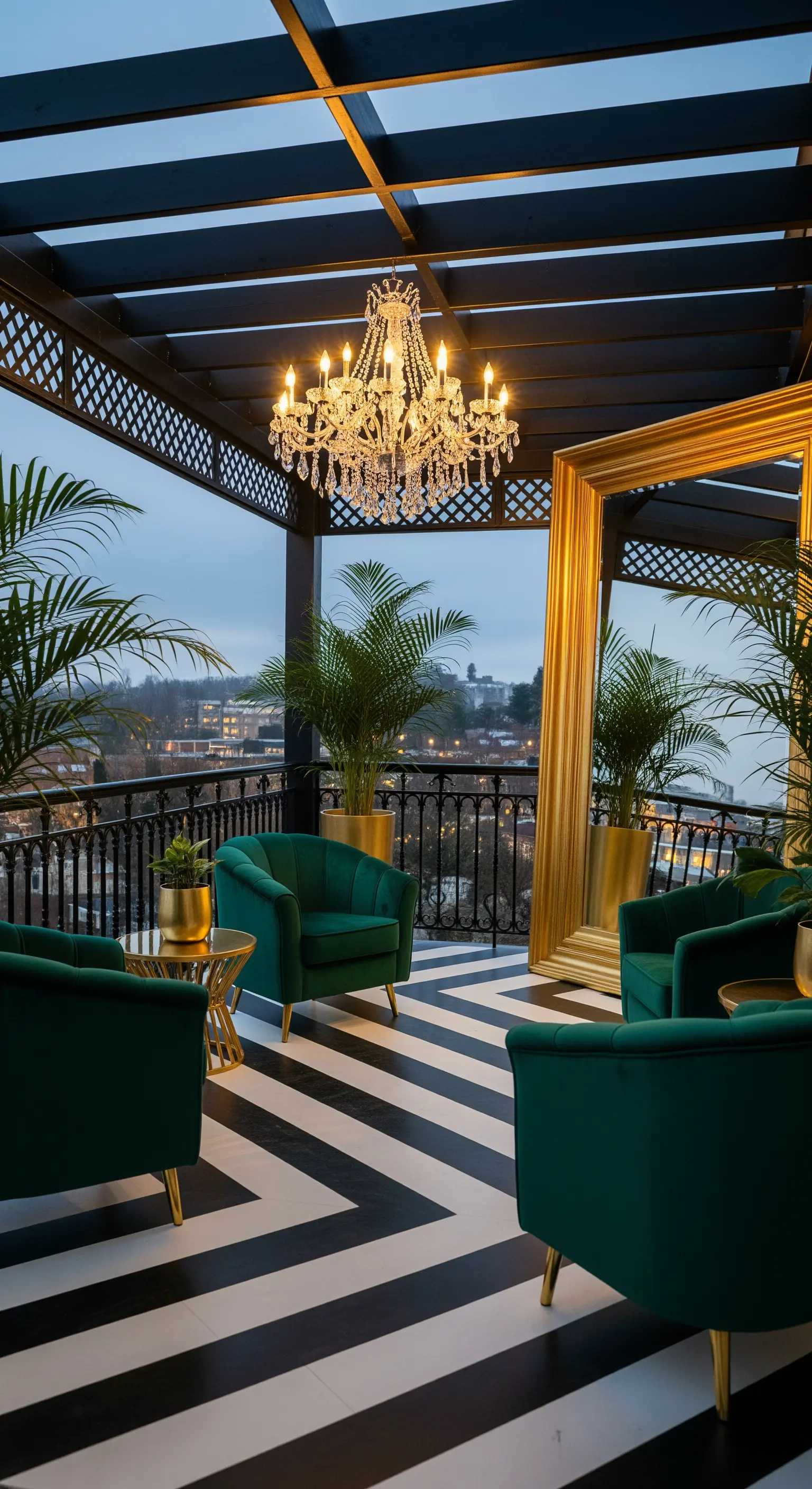 Terrazza con lampadario di cristallo, poltrone in velluto verde e specchio dorato gigante