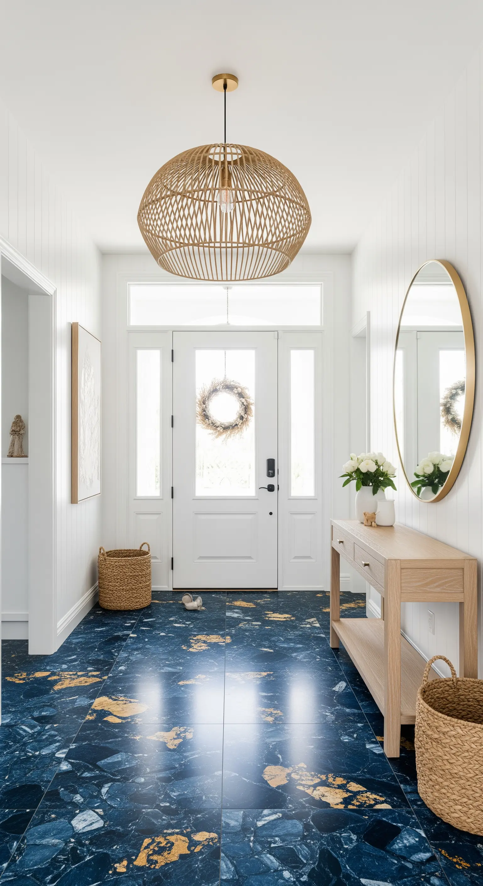 Ingresso luminoso con pavimento blu con scaglie dorate, consolle in legno e lampada in rattan.