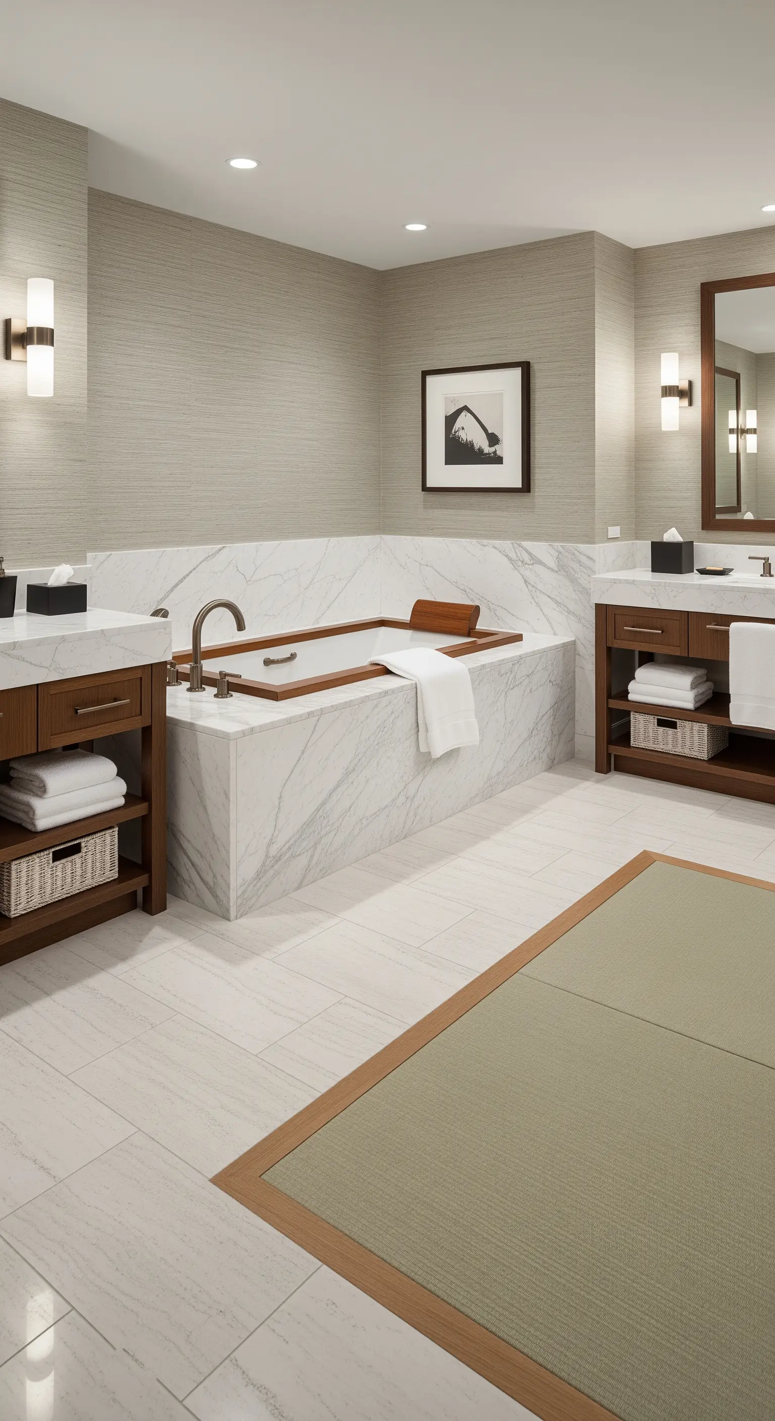 Vasca da bagno in legno inserita in una struttura di marmo bianco venato.