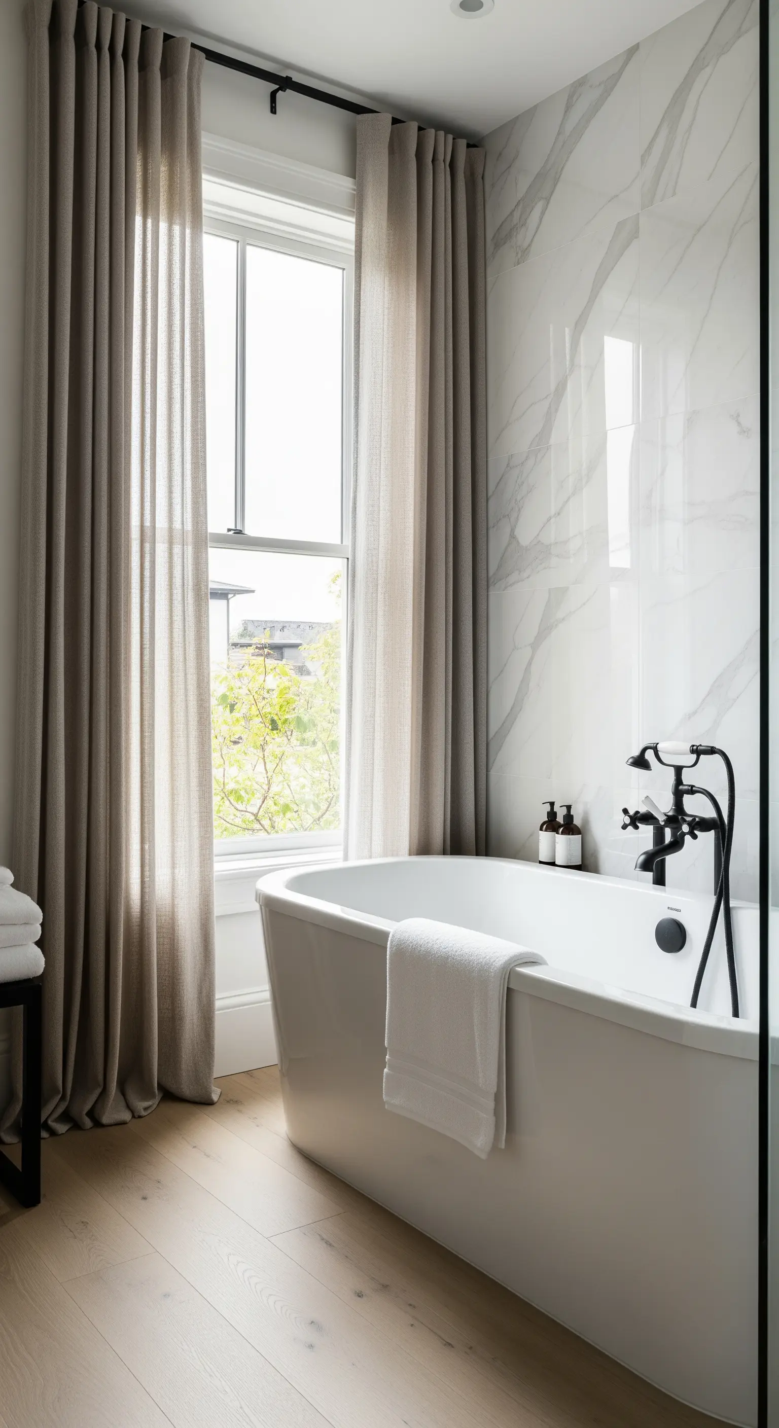 Vasca freestanding davanti a una parete in marmo con lunghe tende in lino.