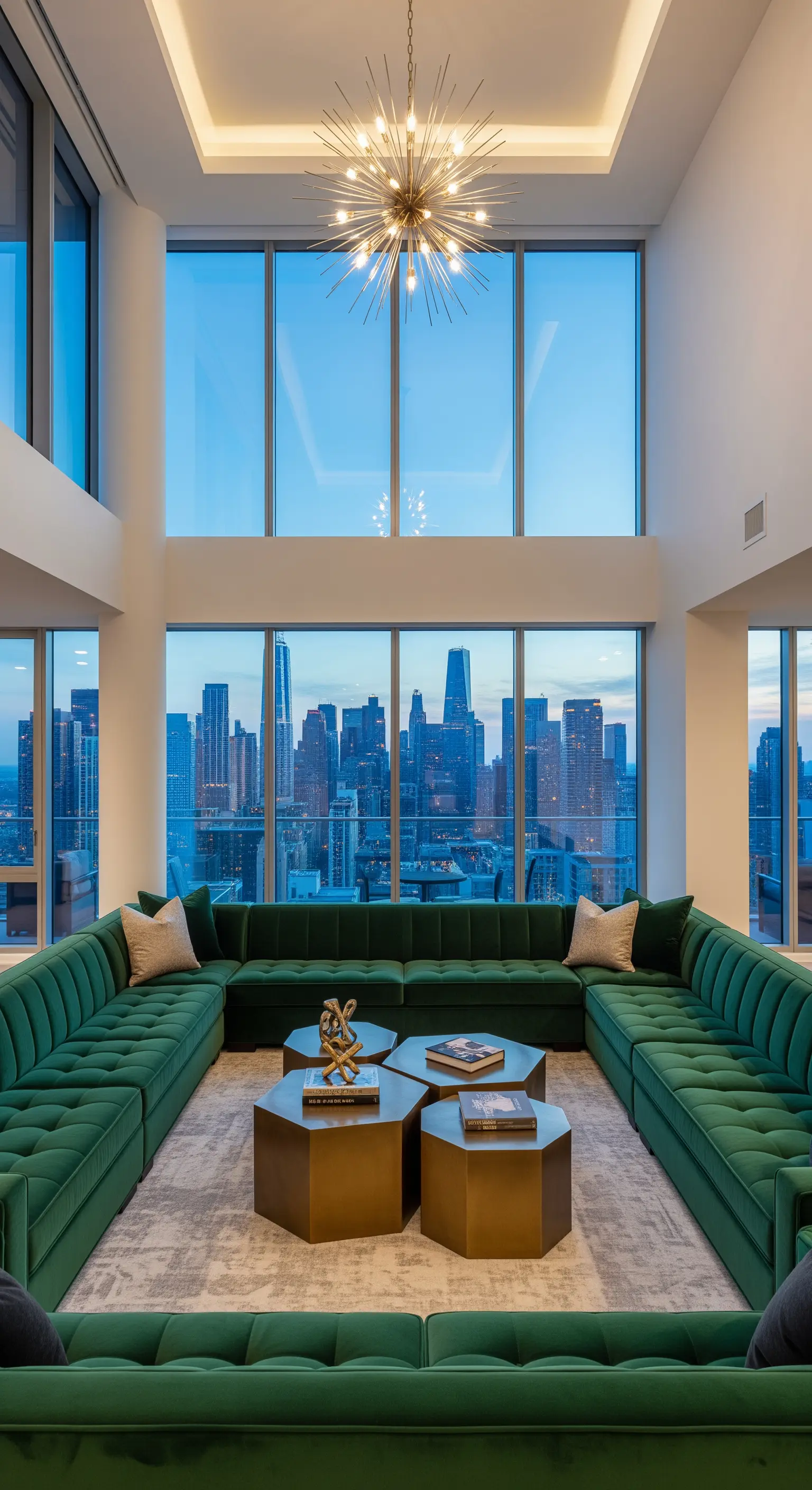 Attico con vista sulla città e un grande divano a U in velluto verde con tavolini in ottone.