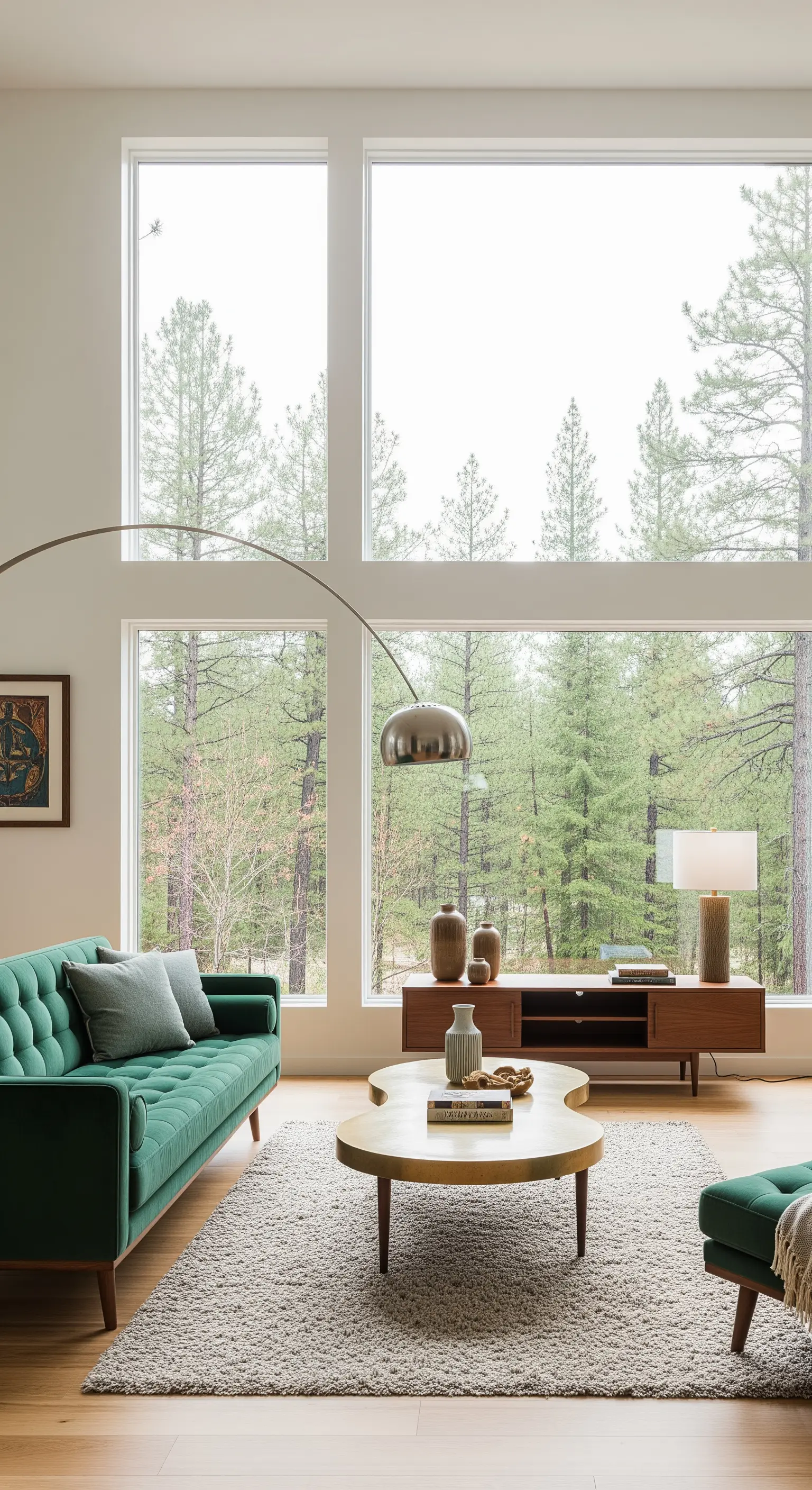 Soggiorno moderno con ampie vetrate sulla foresta, divano verde e tavolino in ottone.