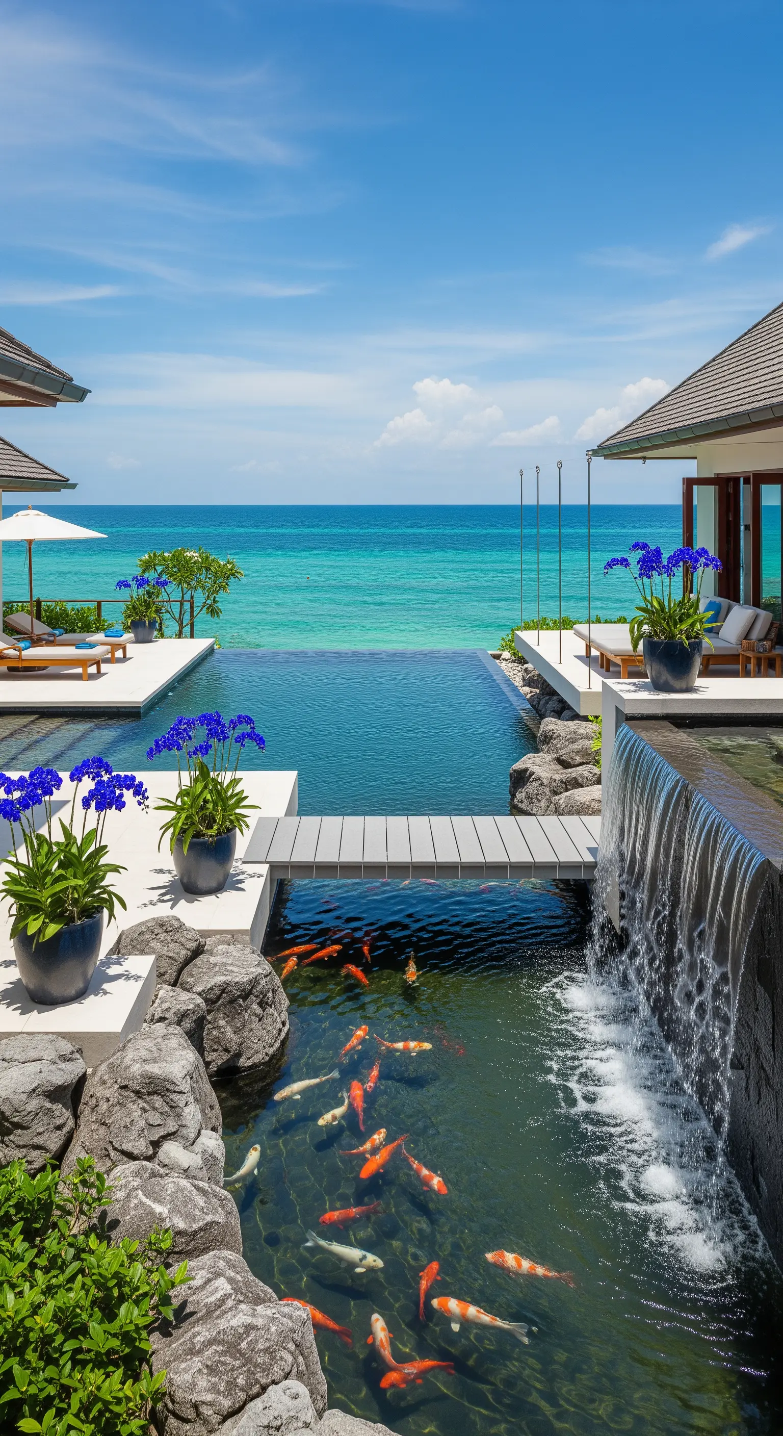 Villa moderna con piscina a sfioro sull'oceano, laghetto con carpe koi e orchidee blu.