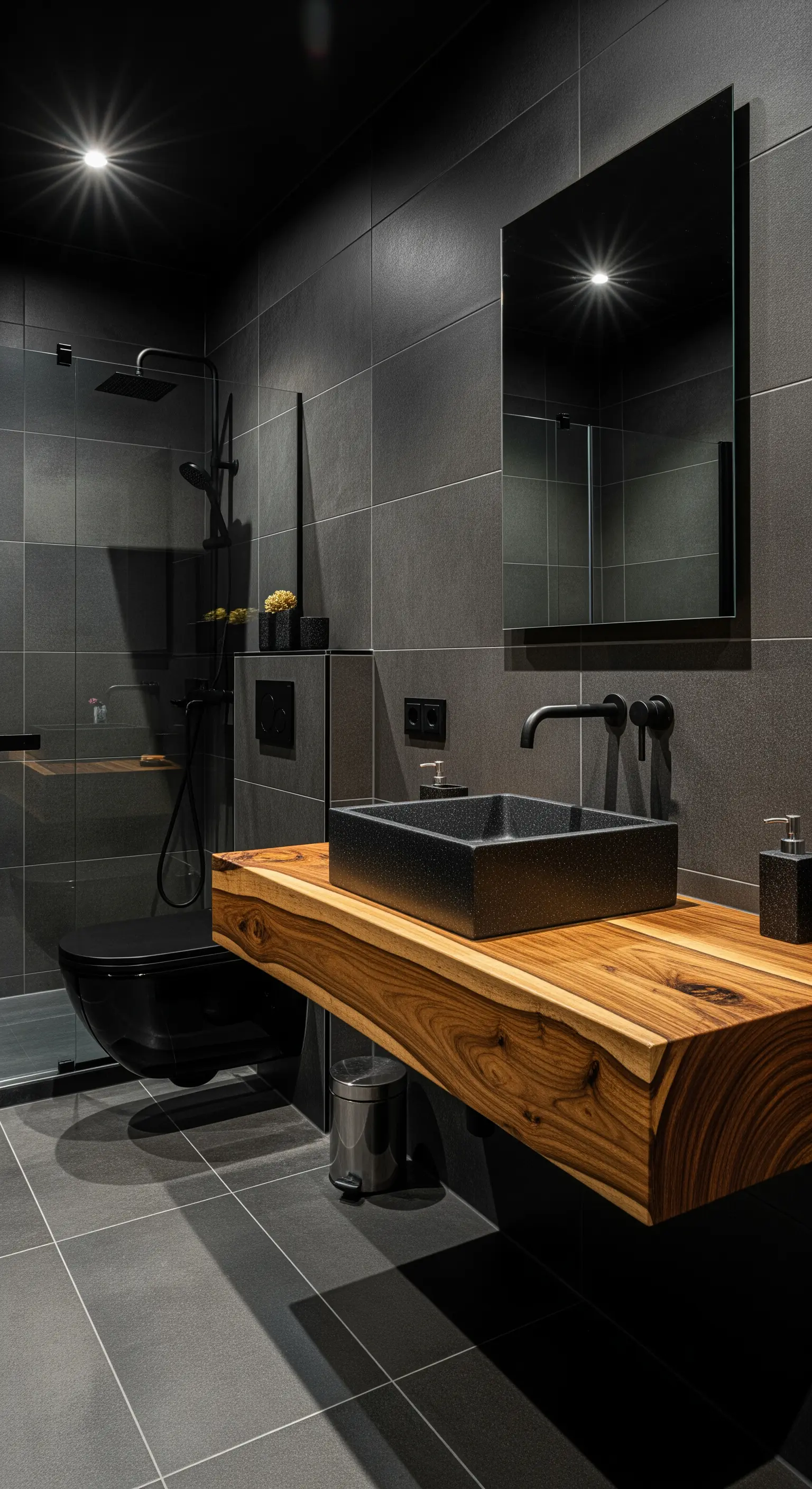 Bagno scuro con mobile sospeso in legno massiccio e sanitari neri.