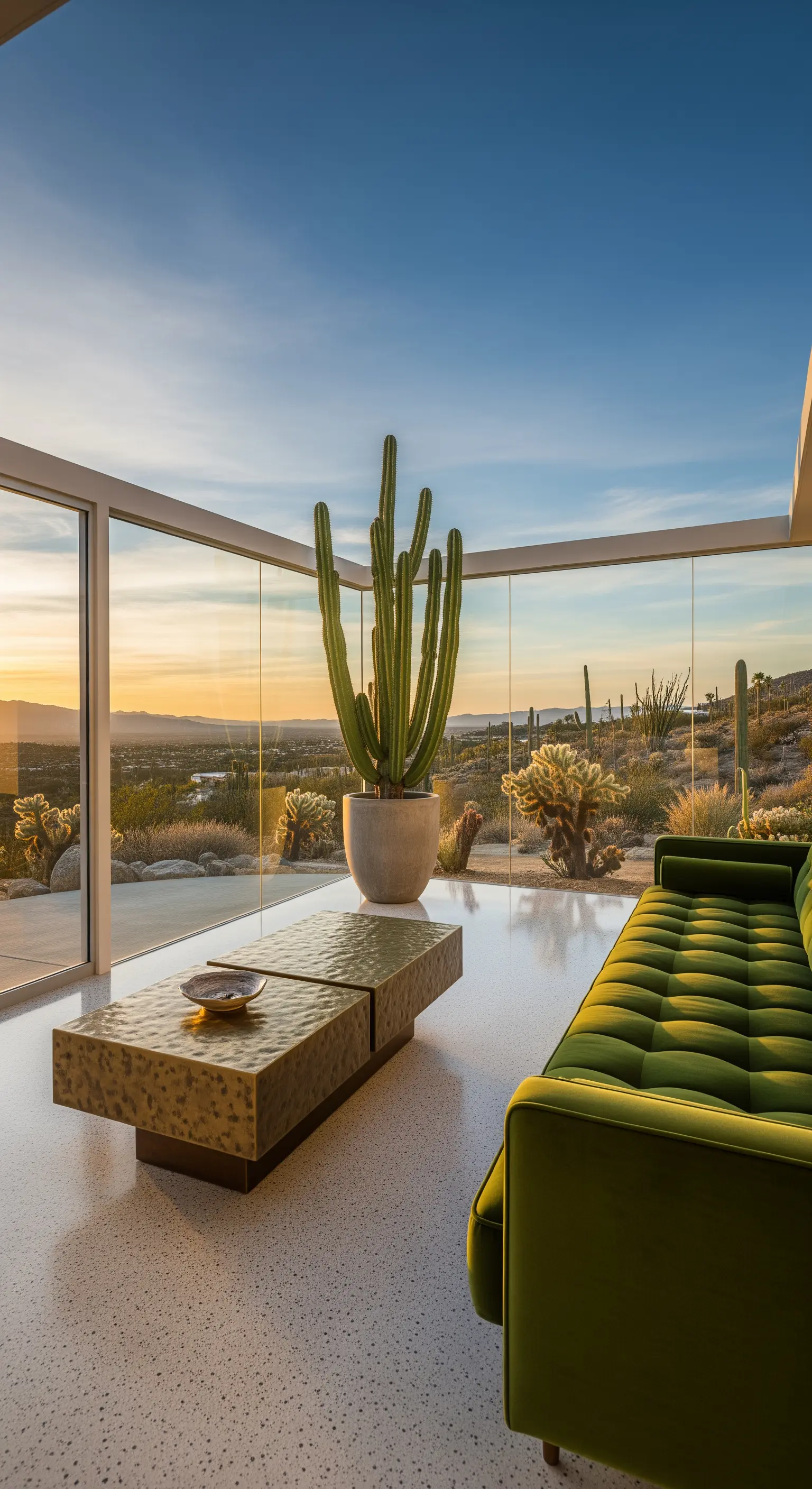 Soggiorno moderno con vetrate sul deserto, divano in velluto verde oliva e tavolino in ottone.