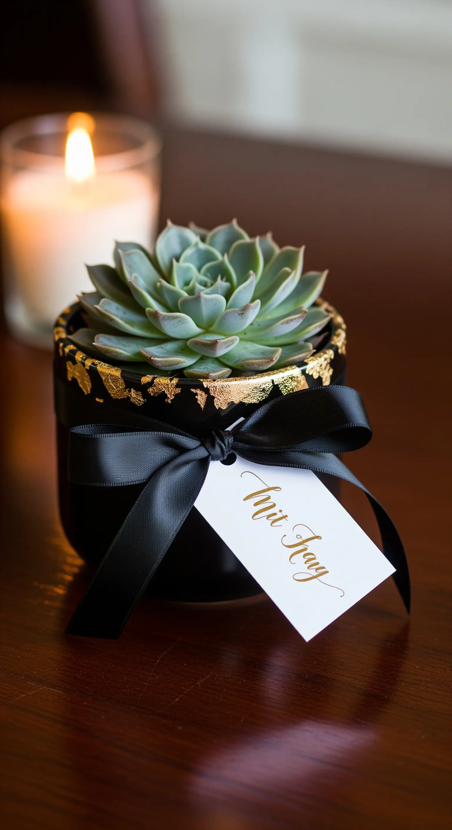 Vasetto nero con dettagli in foglia d'oro, nastro nero e etichetta calligrafata in oro.