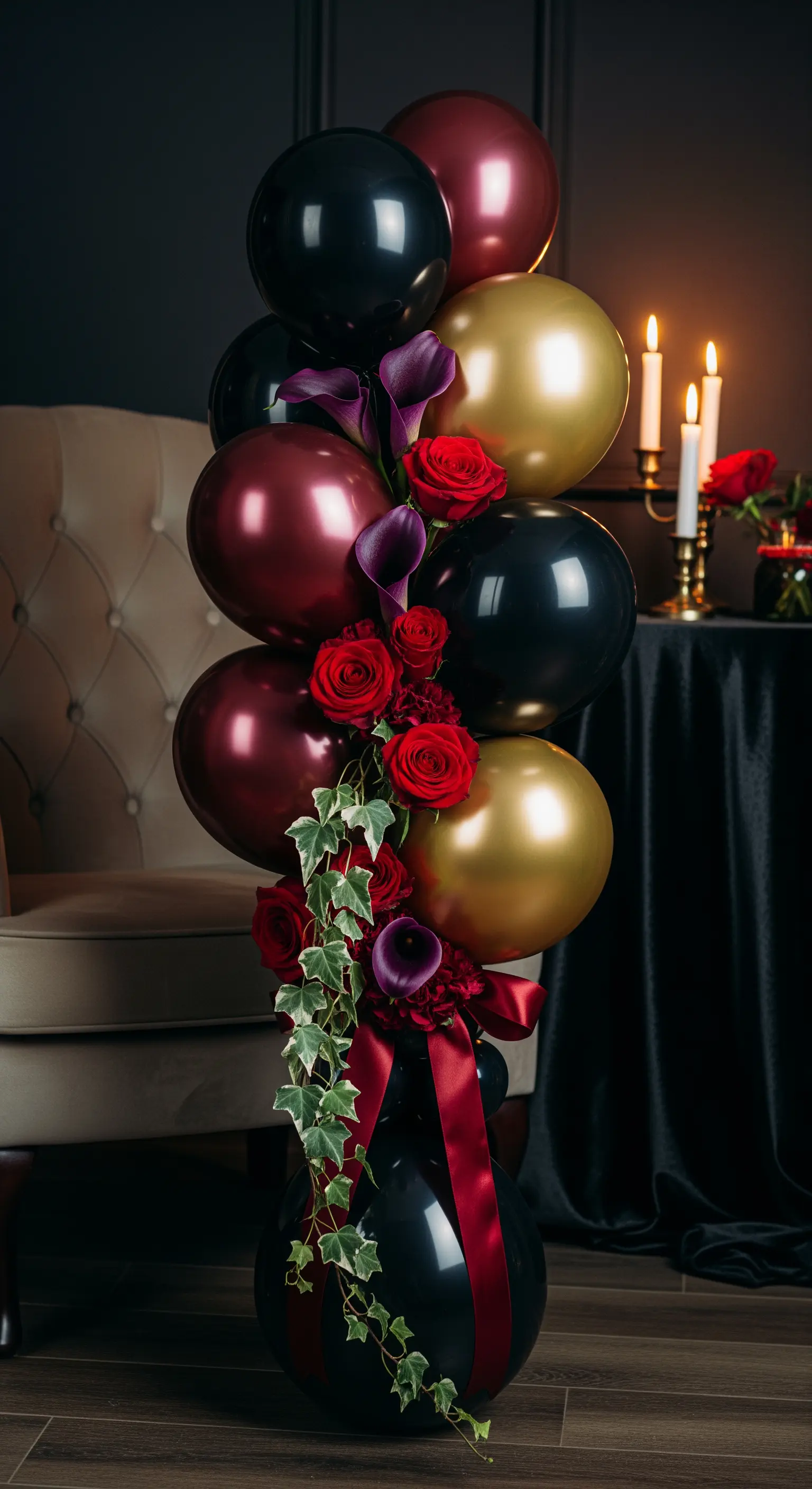 Bouquet scuro con palloncini neri, bordeaux e oro, arricchito da rose rosse e calle viola.