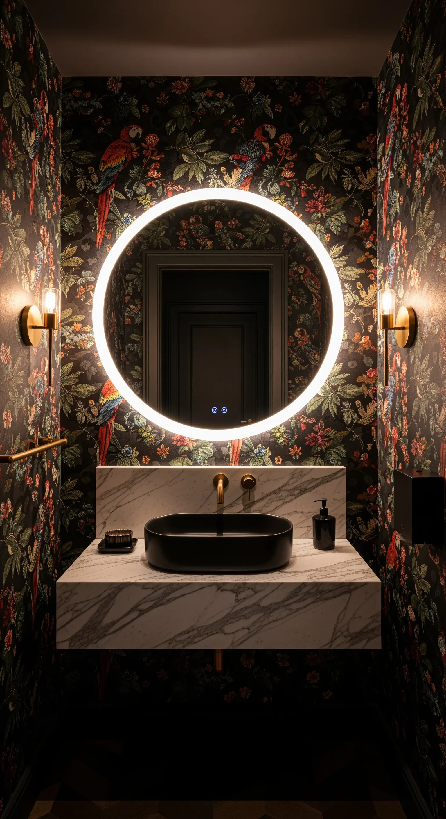 Bagno scuro con carta da parati con pappagalli, specchio tondo retroilluminato e lavabo nero.