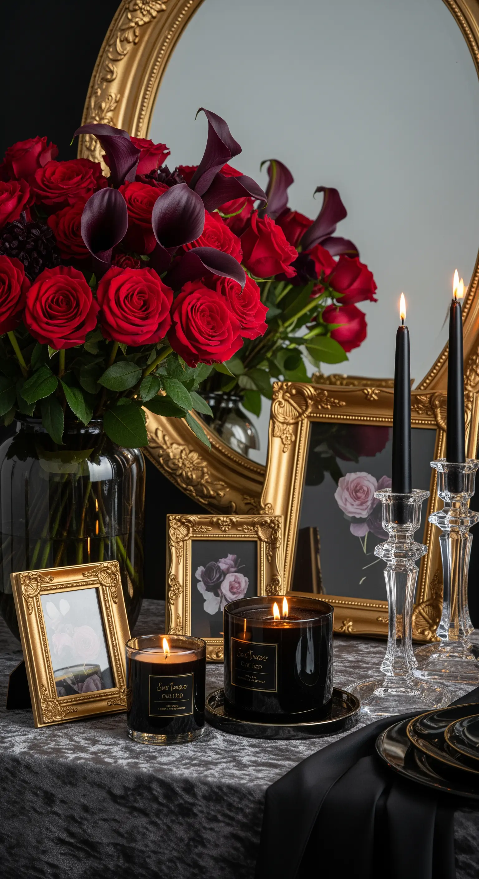 Allestimento glamour con rose rosse, calle nere, cornici dorate e candele nere.