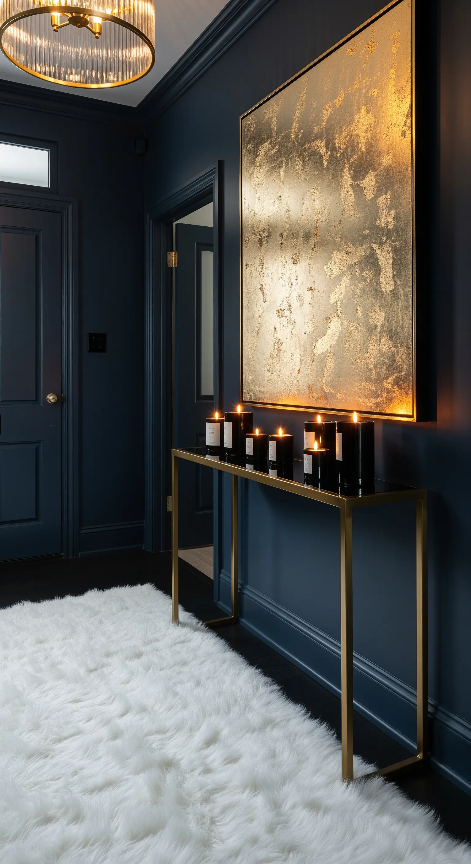 Ingresso scuro con pareti blu notte, tappeto bianco in pelliccia sintetica e consolle dorata.