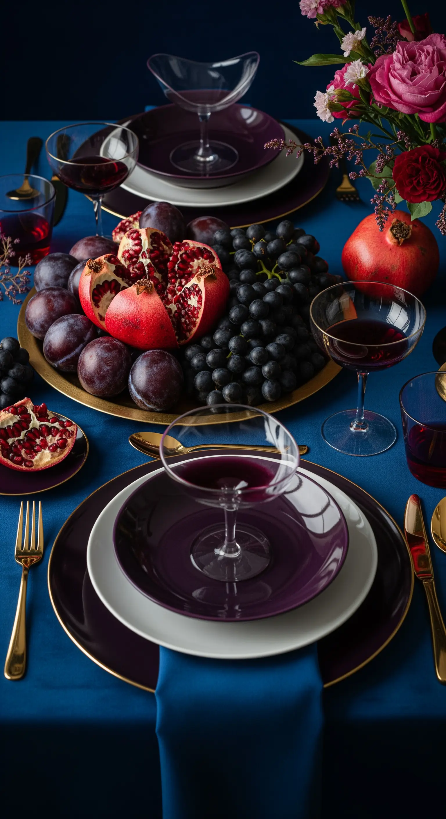Tavola opulenta con tovaglia blu, melograni, prugne e posate dorate.