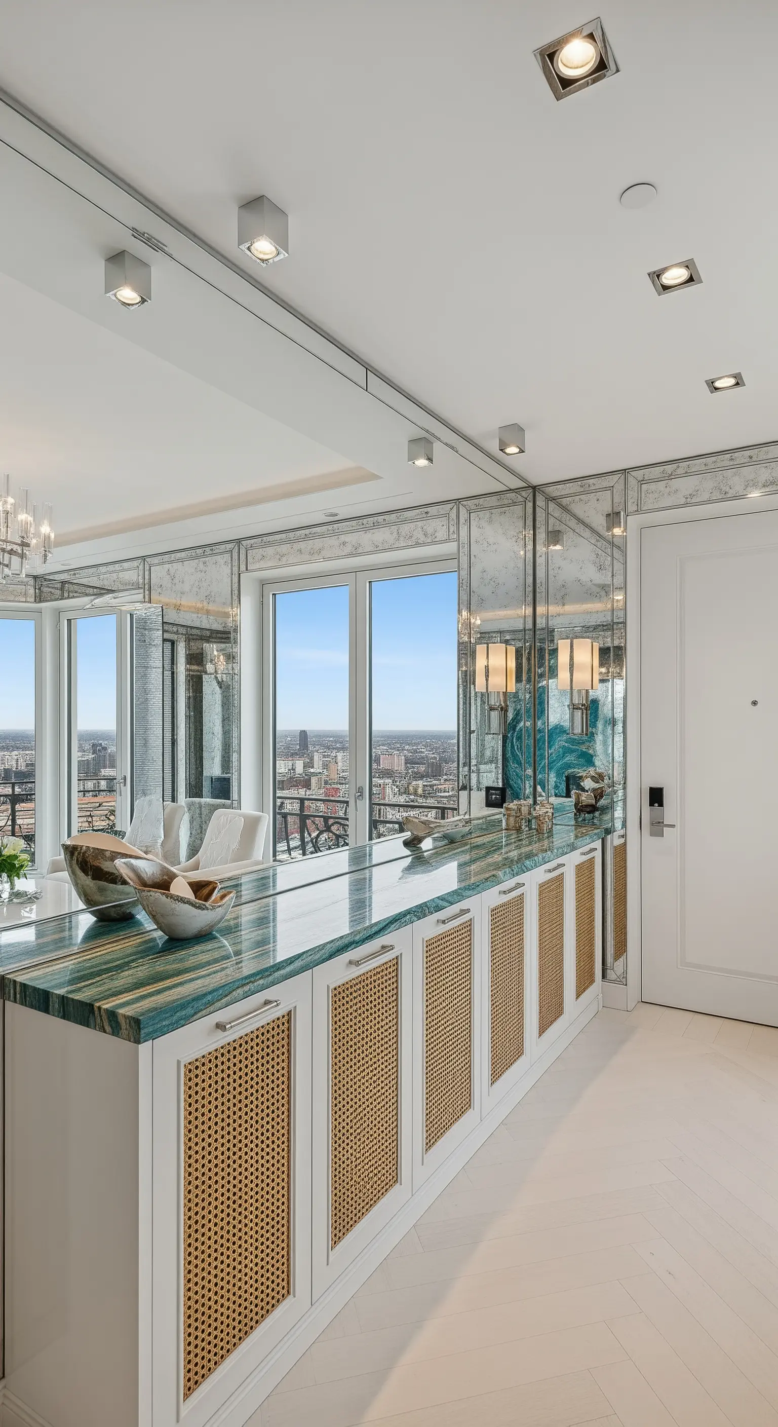 Madia con ante in paglia di Vienna e top in marmo verde, di fronte a una parete di specchi.