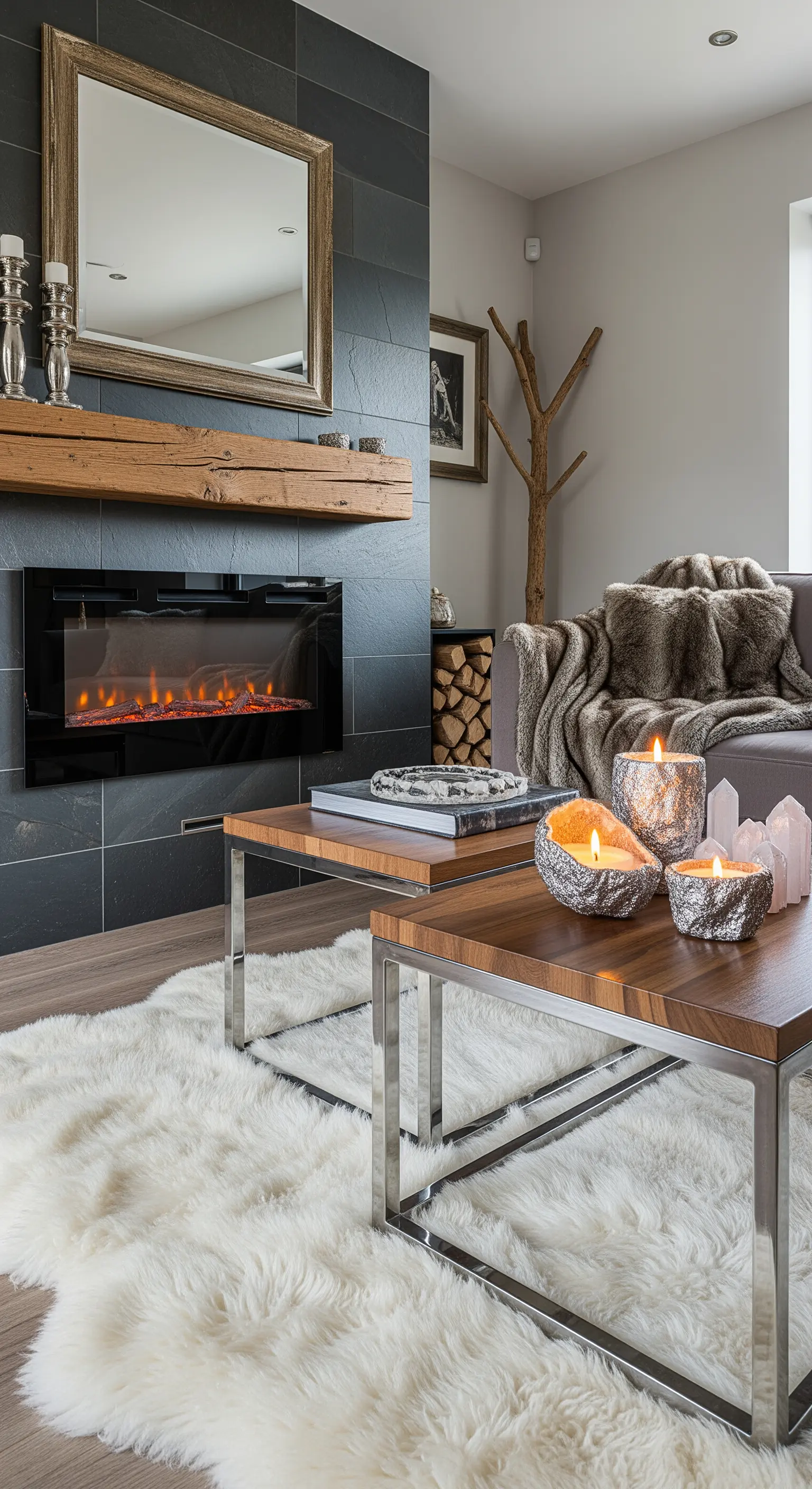 Camino con rivestimento in ardesia, mensola in legno e tappeto in pelliccia sintetica.