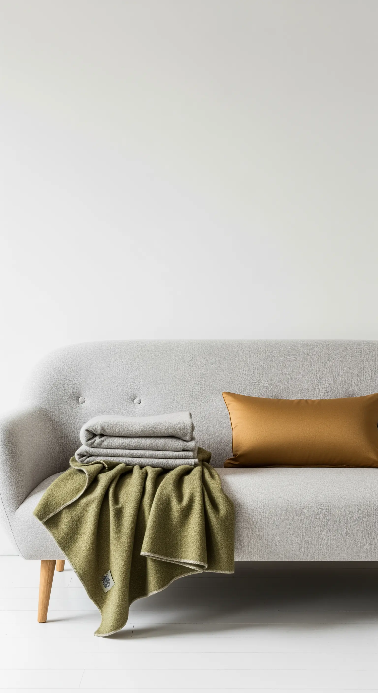 Divano grigio chiaro con coperta in lana verde, cuscino di seta senape e plaid grigio.