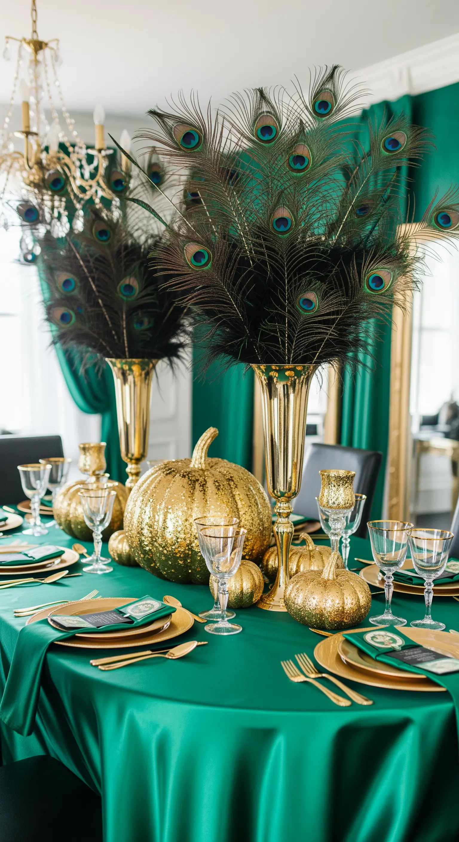 Allestimento verde smeraldo e oro con zucche e piume di pavone.