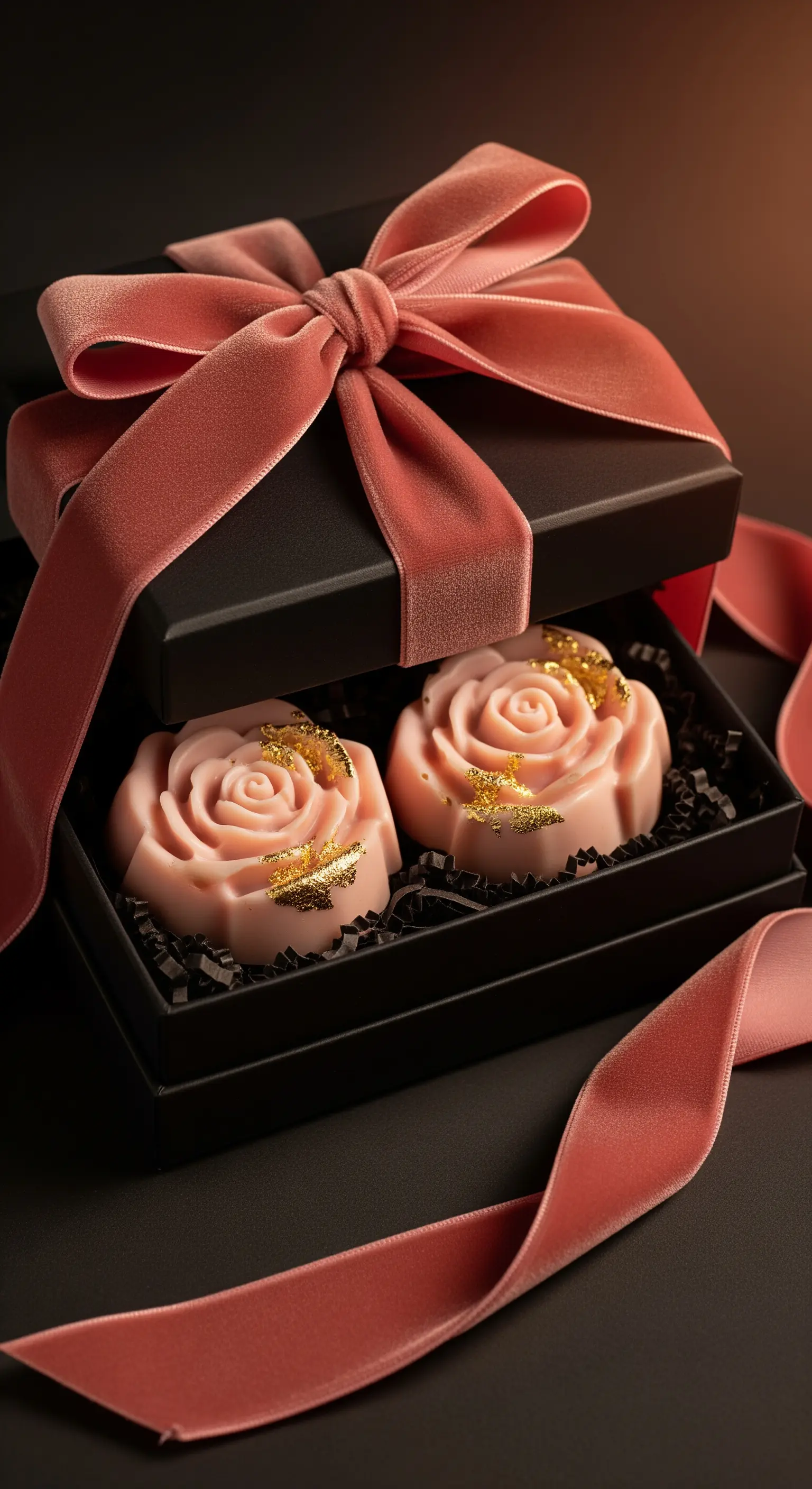 Saponi rosa a forma di rosa con dettagli dorati in una scatola nera con fiocco in velluto.