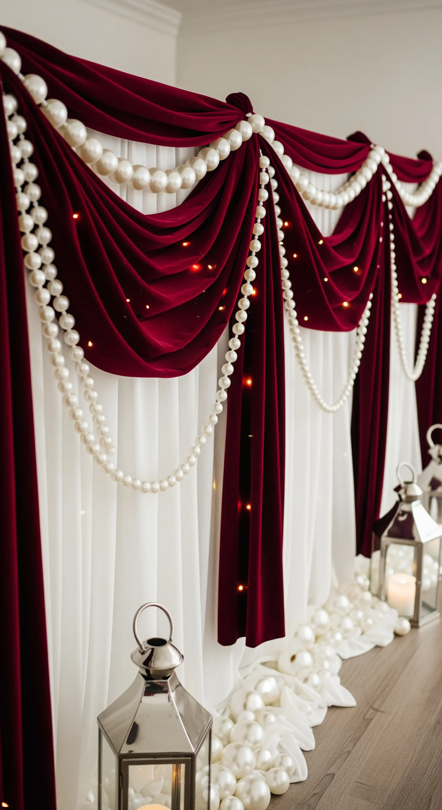 Parete decorata con drappeggi di velluto rosso, tende bianche e cascate di perle giganti
