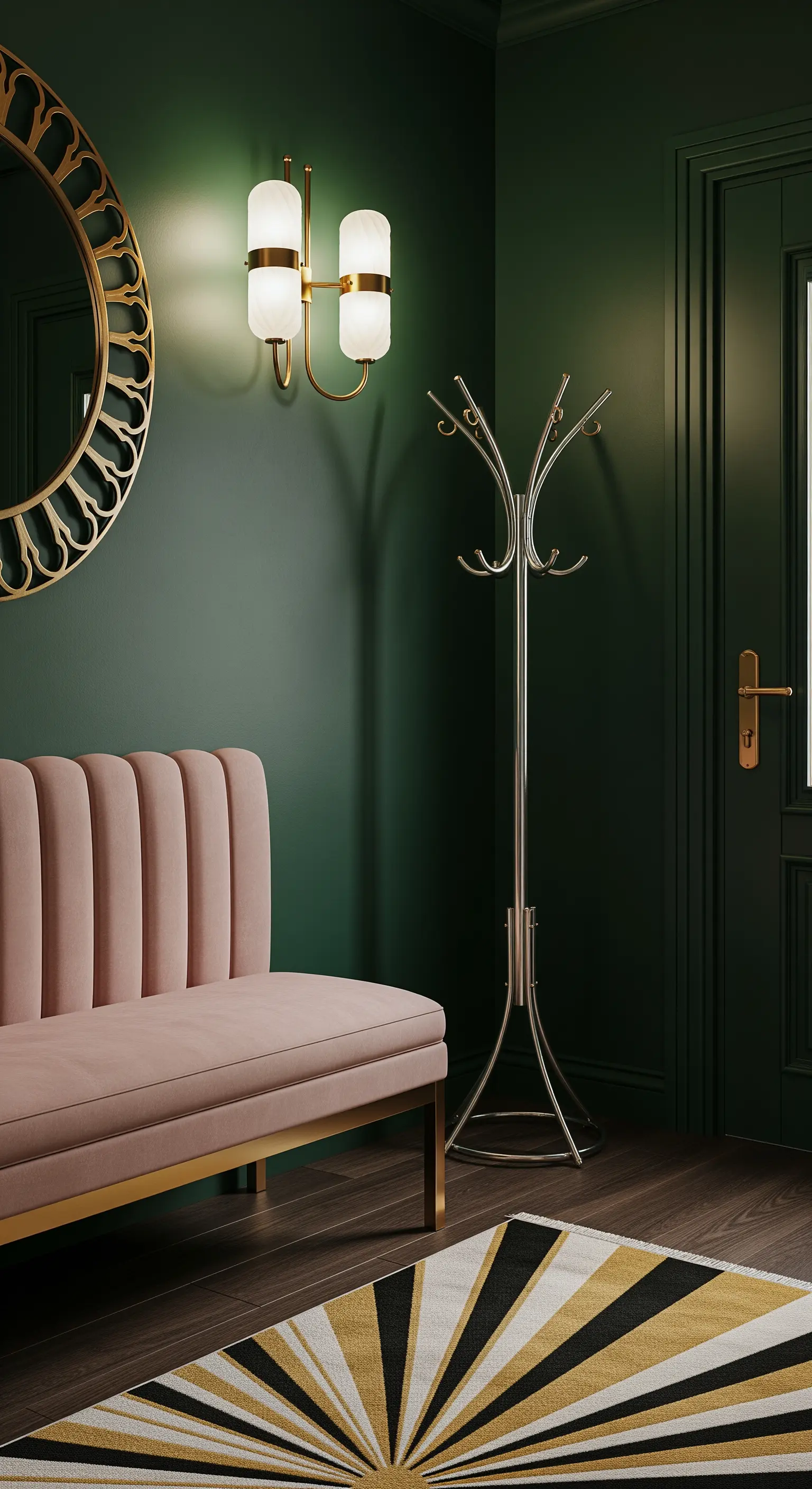 Ingresso elegante con pareti verde scuro, panca in velluto rosa e dettagli dorati.