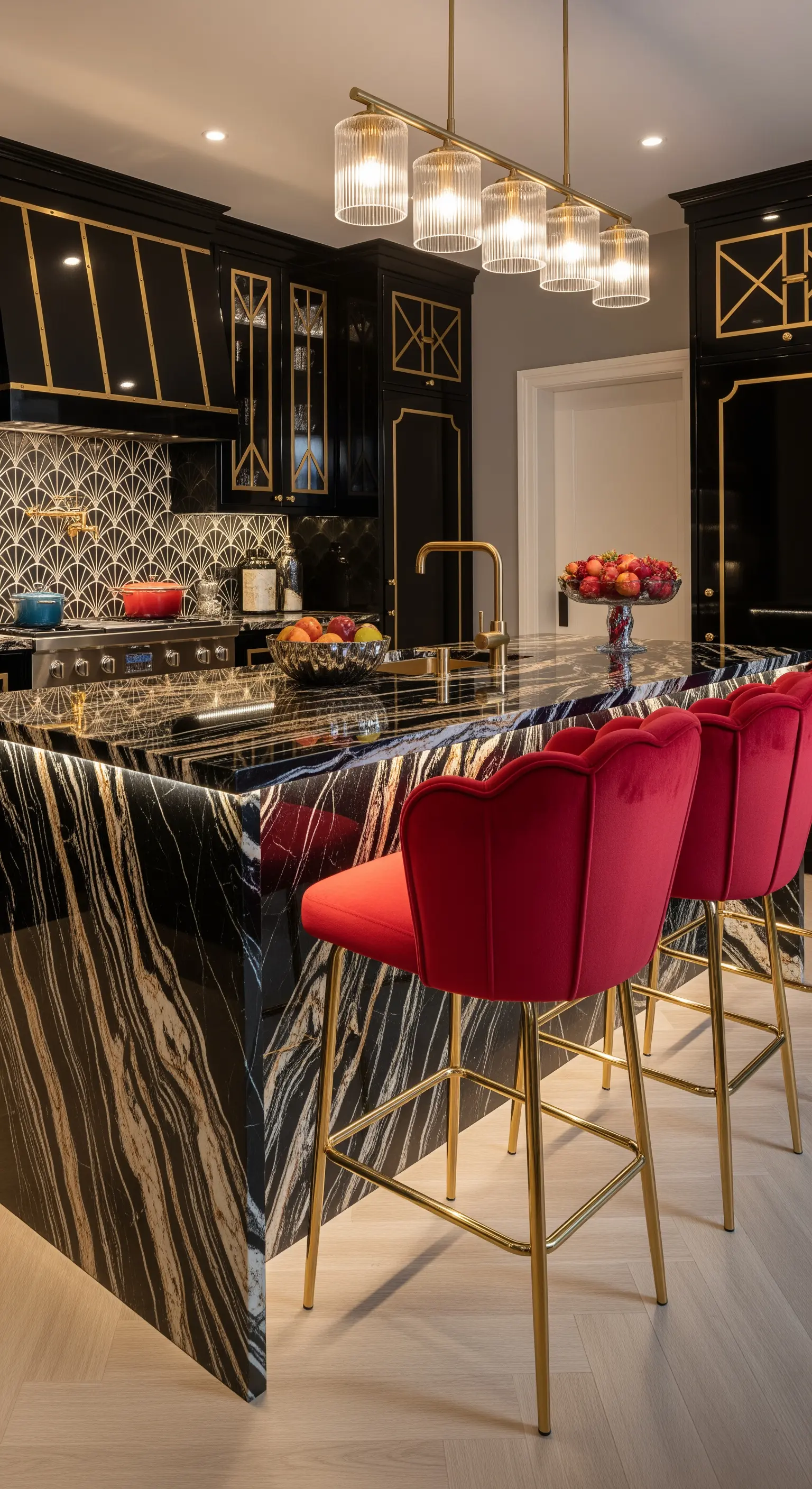 Cucina di lusso con mobili neri e oro, penisola in marmo scenografico e sgabelli rossi