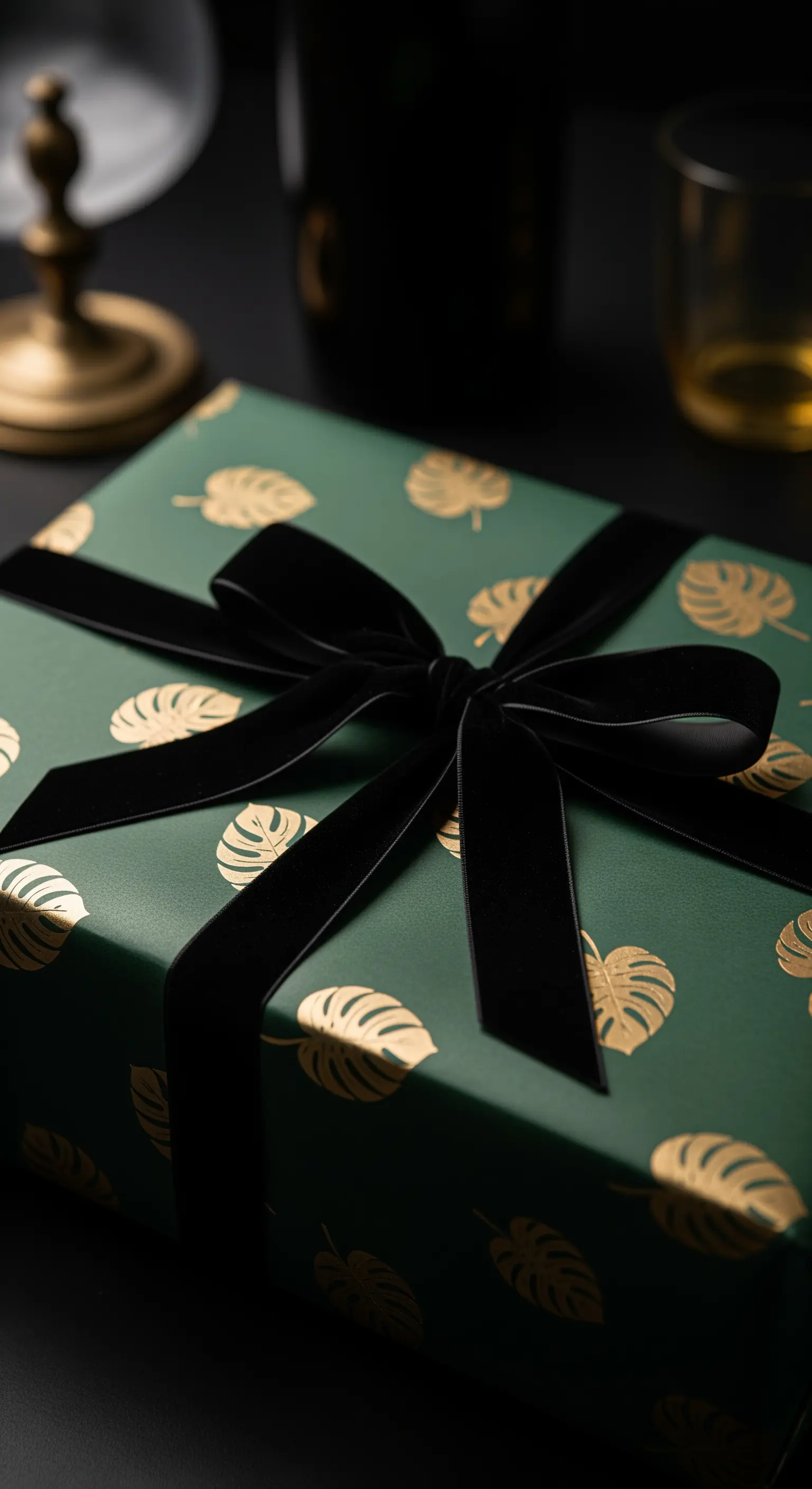 Regalo verde scuro con foglie di monstera dorate e un fiocco di velluto nero.