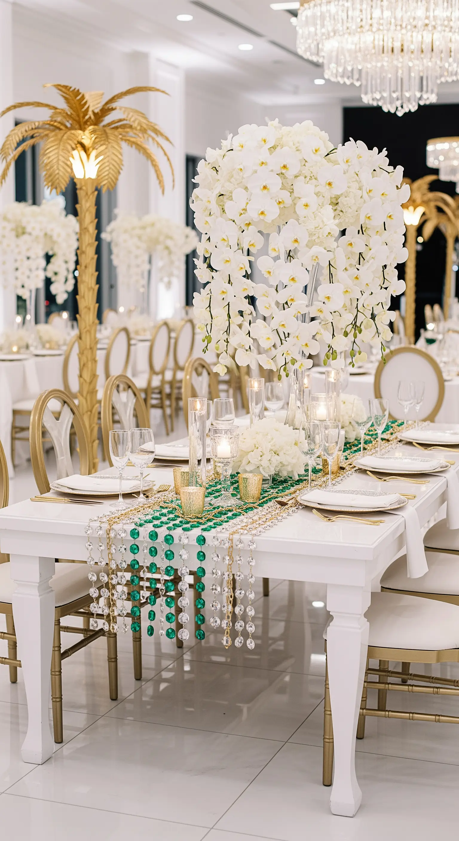 Tavolo bianco e oro con runner di cristalli e gemme verdi, e grandi composizioni di orchidee.