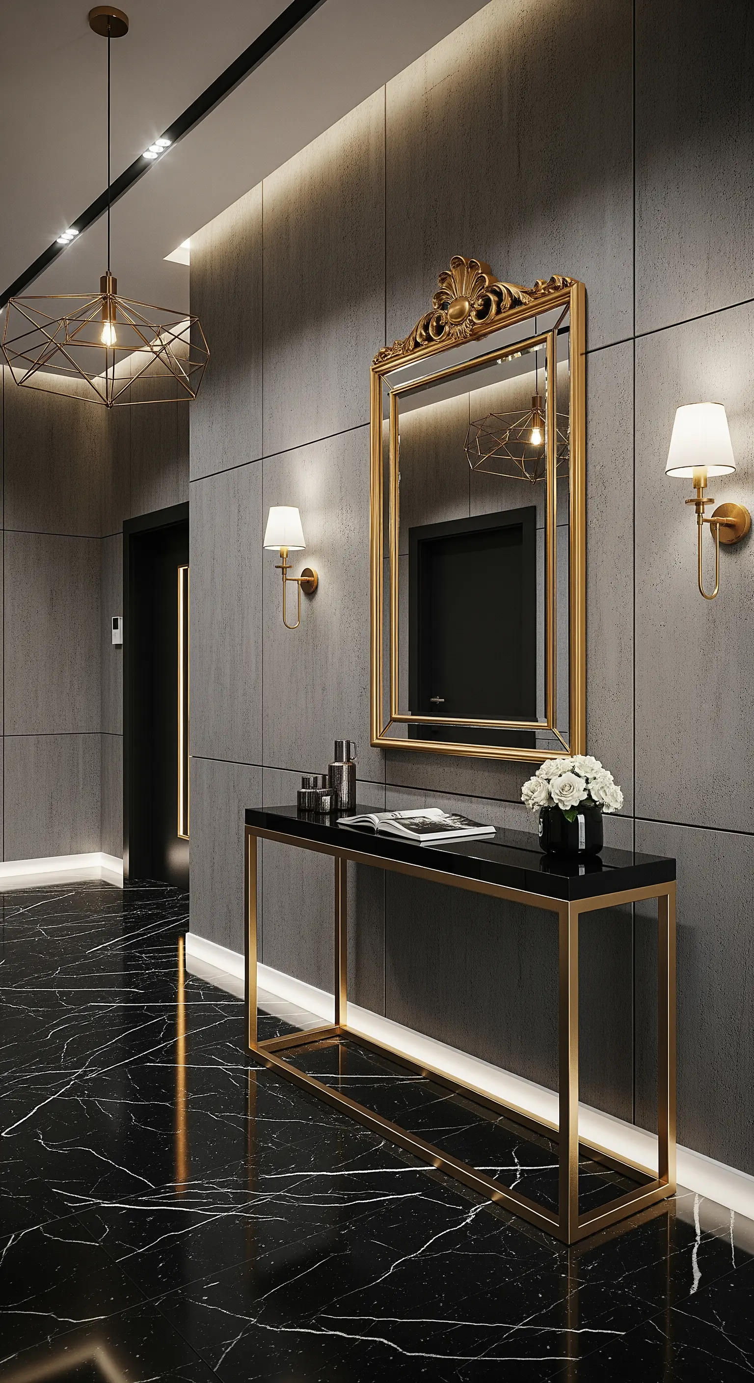 Ingresso lussuoso con pavimento in marmo nero, pareti grigie, consolle e specchio con finiture dorate.