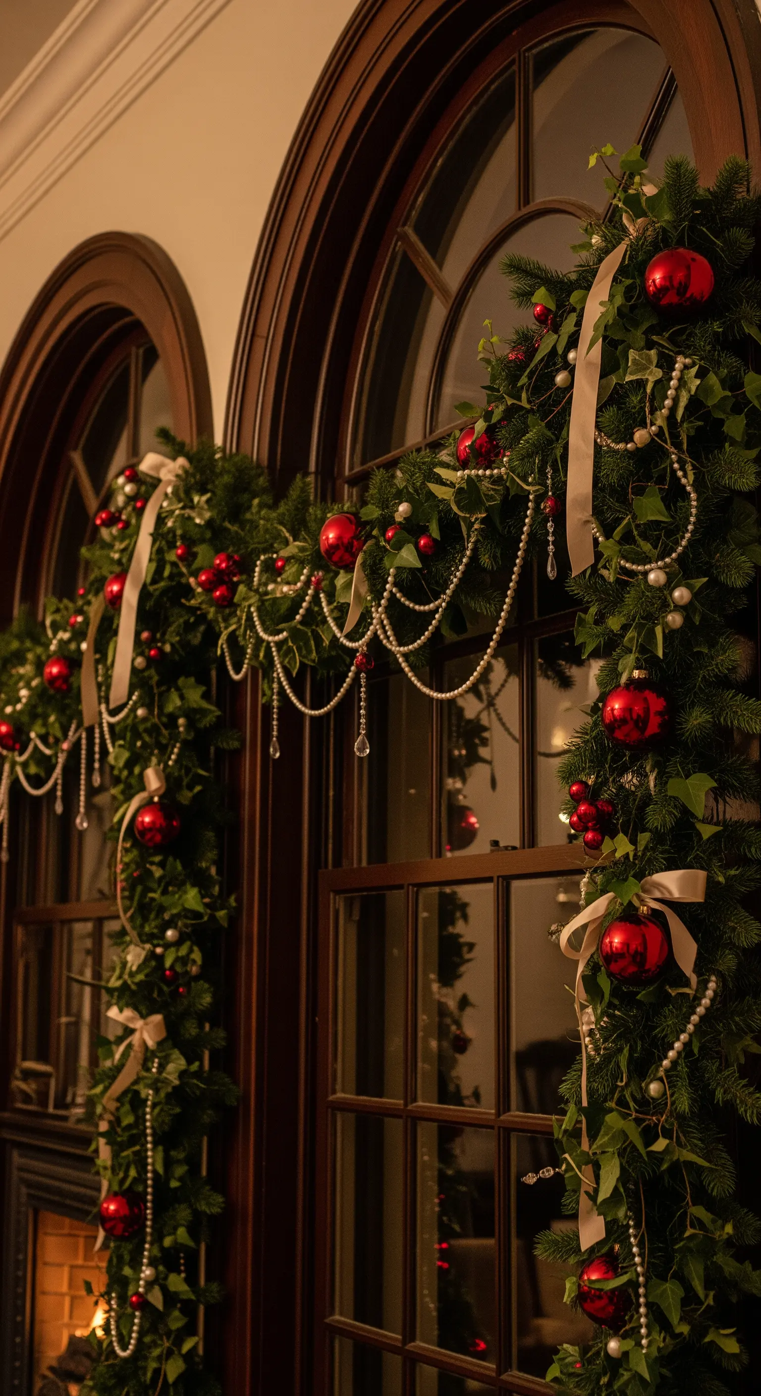 Finestre ad arco decorate con ghirlande verdi, palline rosse e fili di perle.