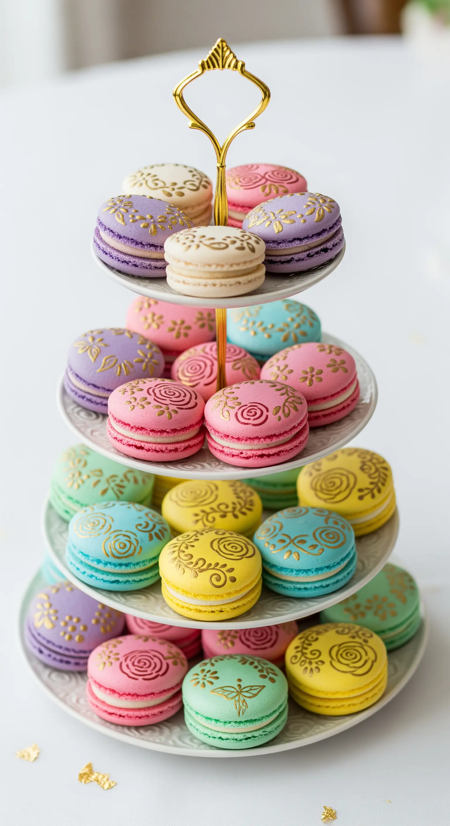 Alzatina a tre piani con macaron colorati e decorati a mano con eleganti motivi dorati