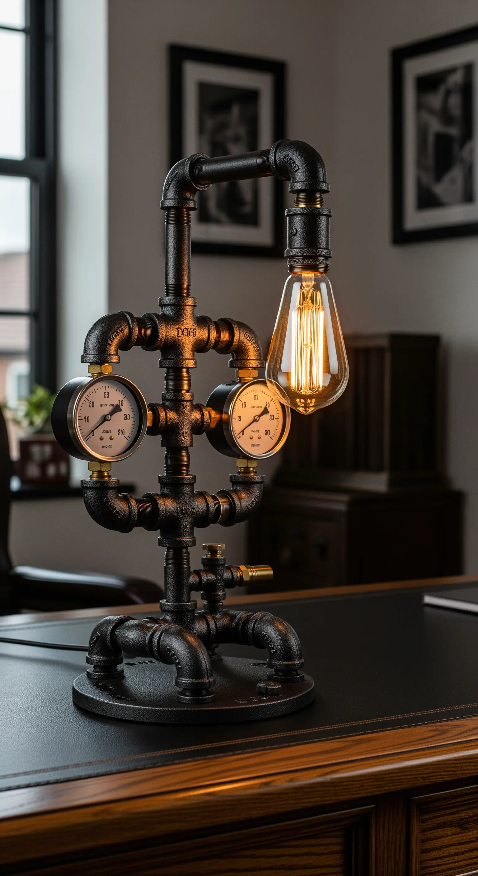 Complessa lampada steampunk con tubi idraulici neri, manometri e lampadina Edison.