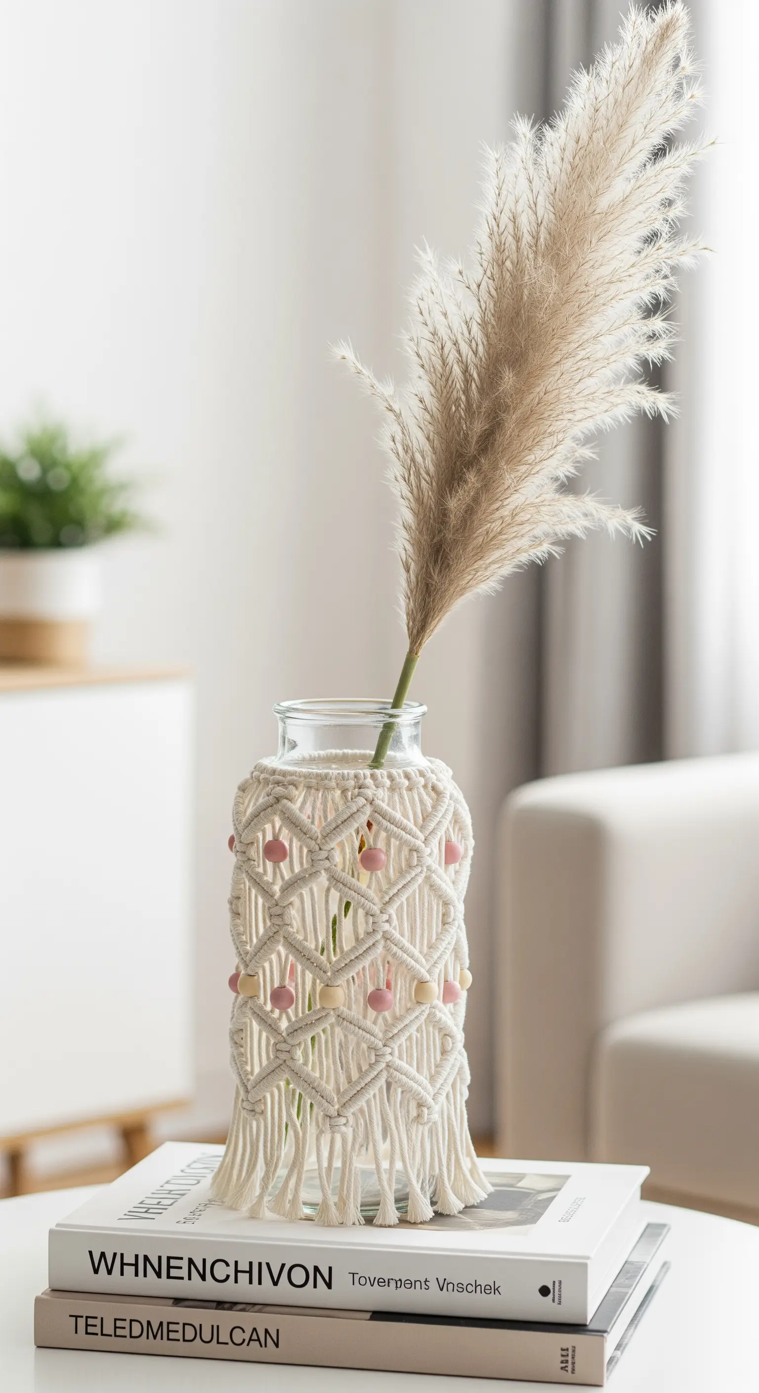 Vaso di vetro rivestito con una rete macramé decorata da perline rosa e crema.