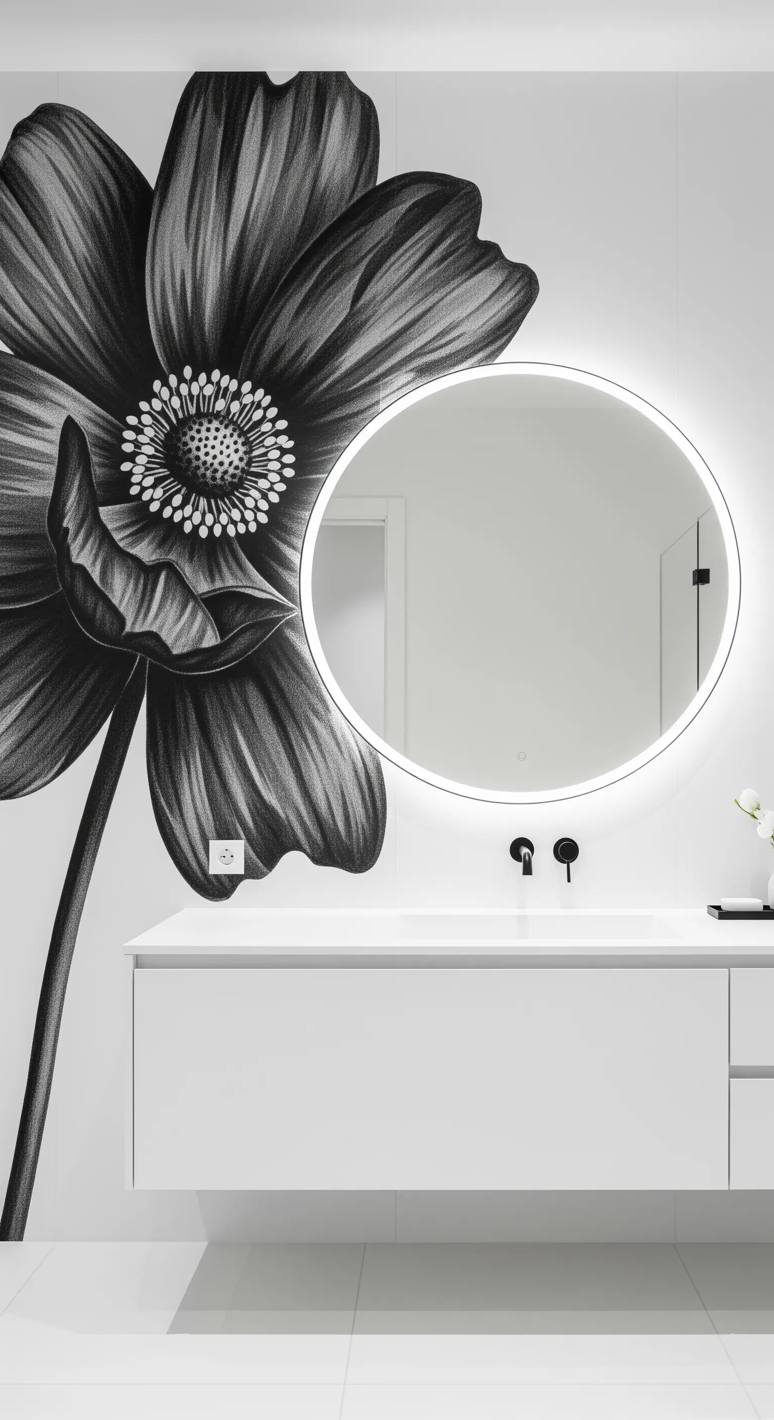Bagno minimalista con un grande murale di un fiore in bianco e nero e arredo bianco.