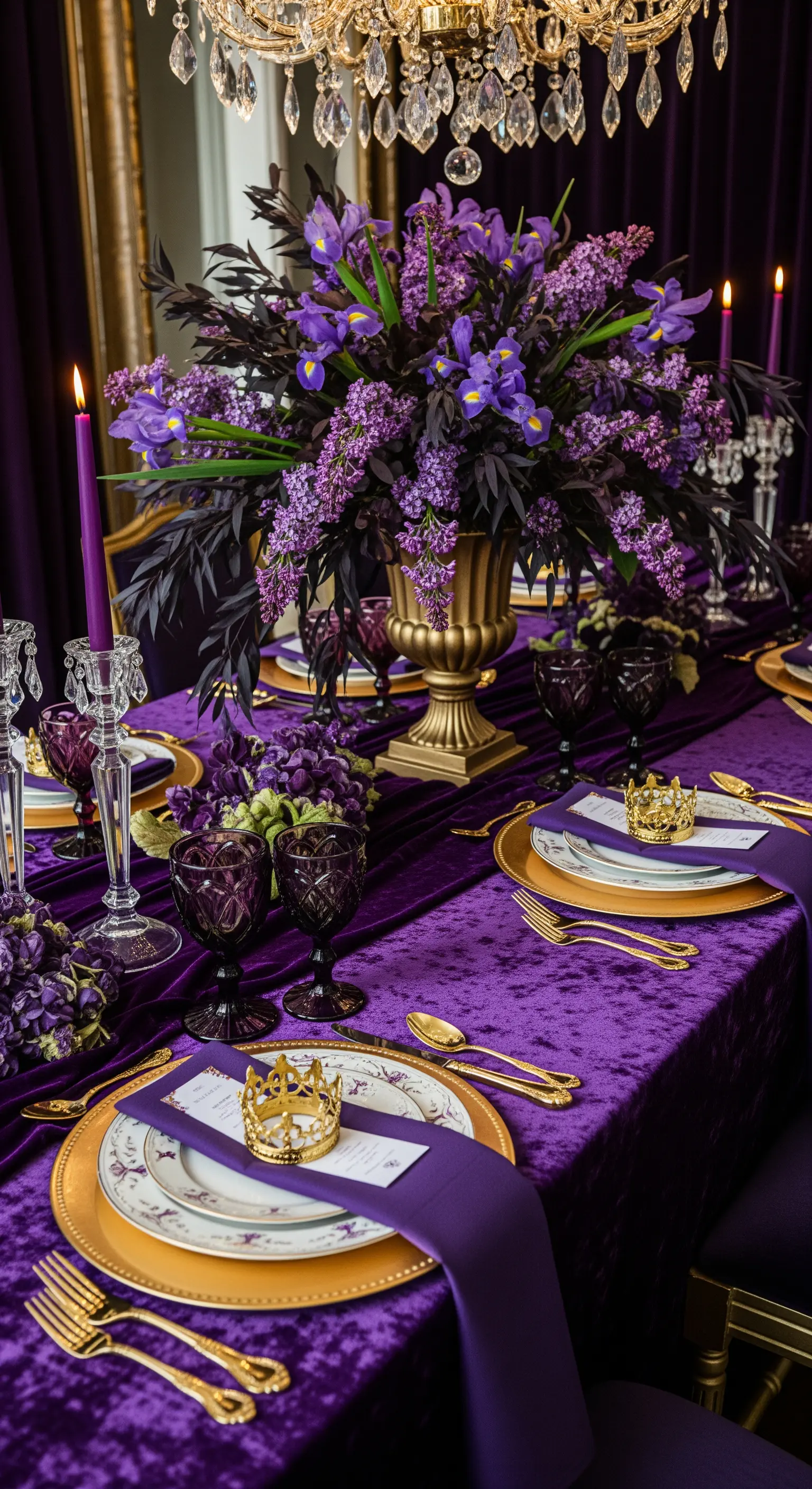 Tavola sontuosa con tovaglia in velluto viola, fiori viola, candelabri e dettagli dorati.