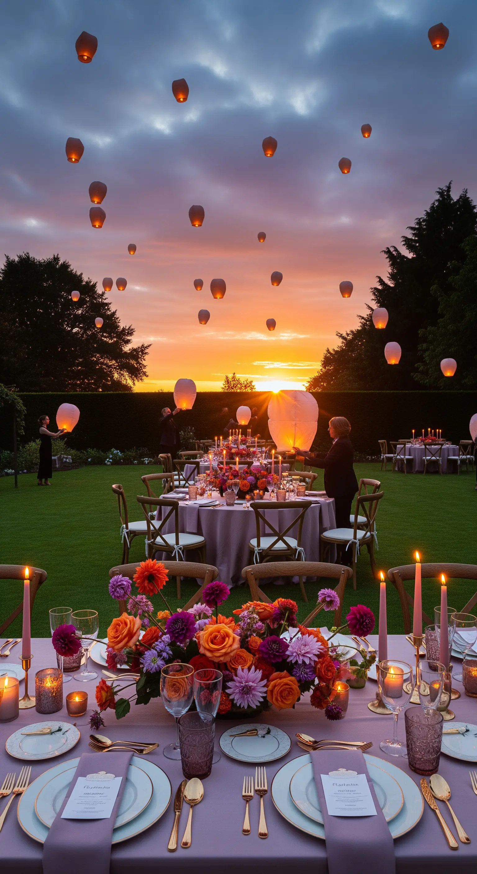 Tavolata in giardino al tramonto con ospiti che lanciano lanterne volanti nel cielo.