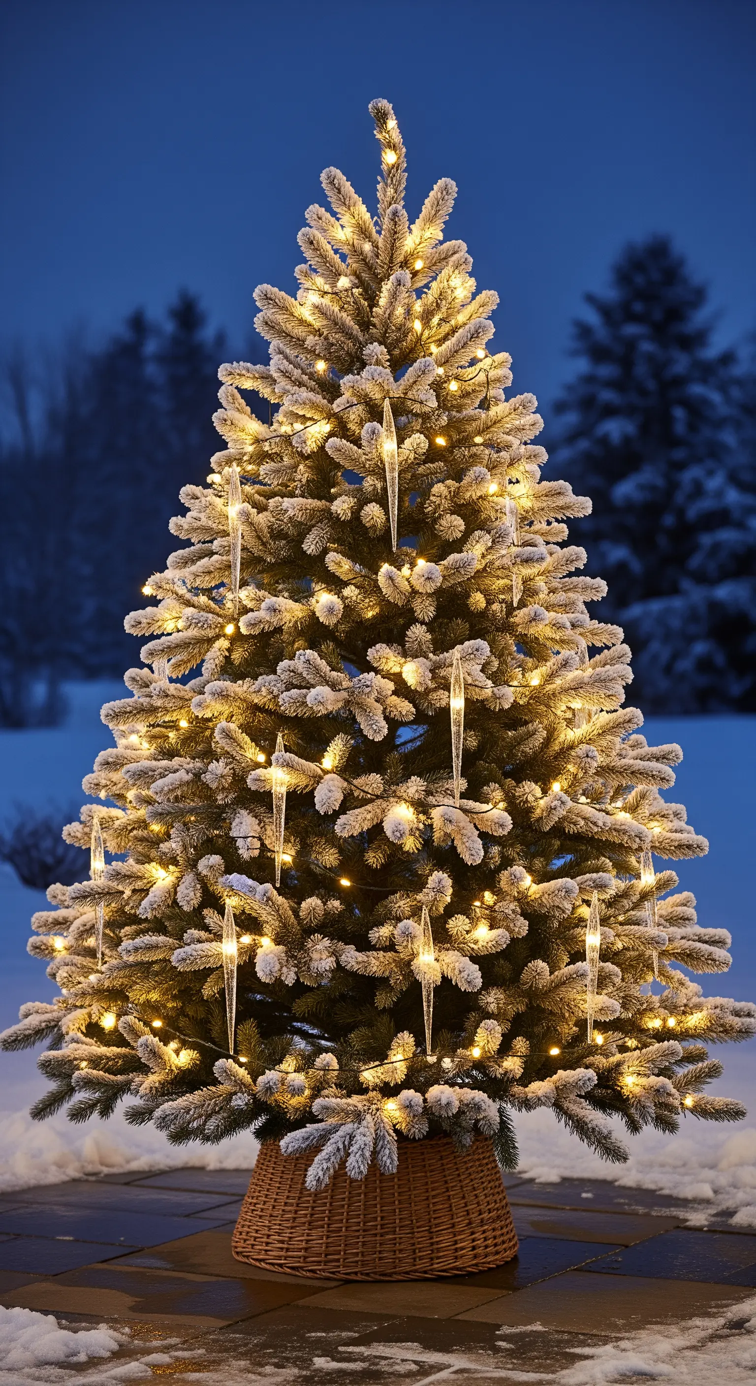 Albero di Natale innevato all'esterno, decorato con luci calde e ghiaccioli di vetro