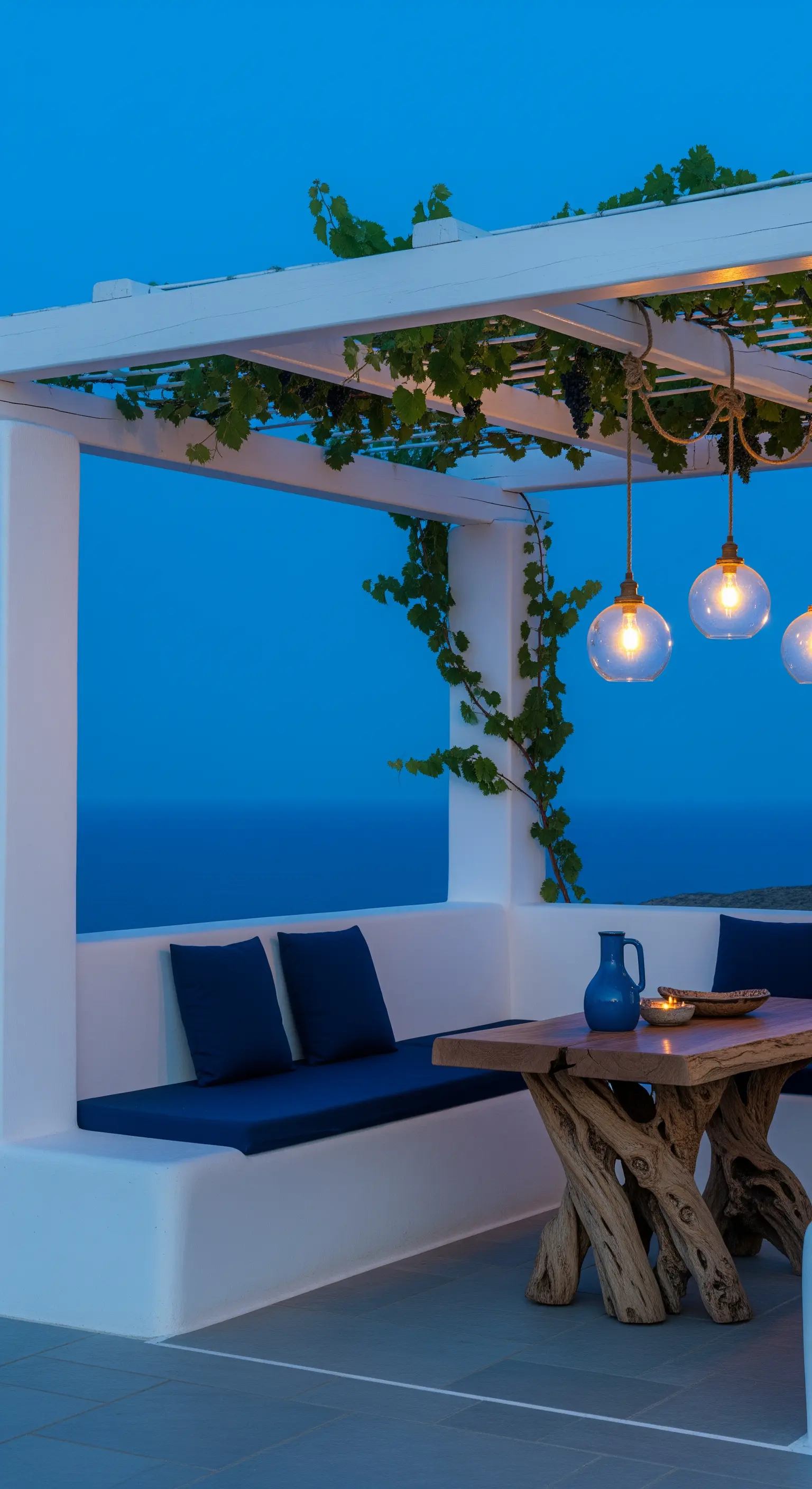 Angolo intimo su una terrazza al crepuscolo, con cuscini blu e tavolo in legno d'ulivo