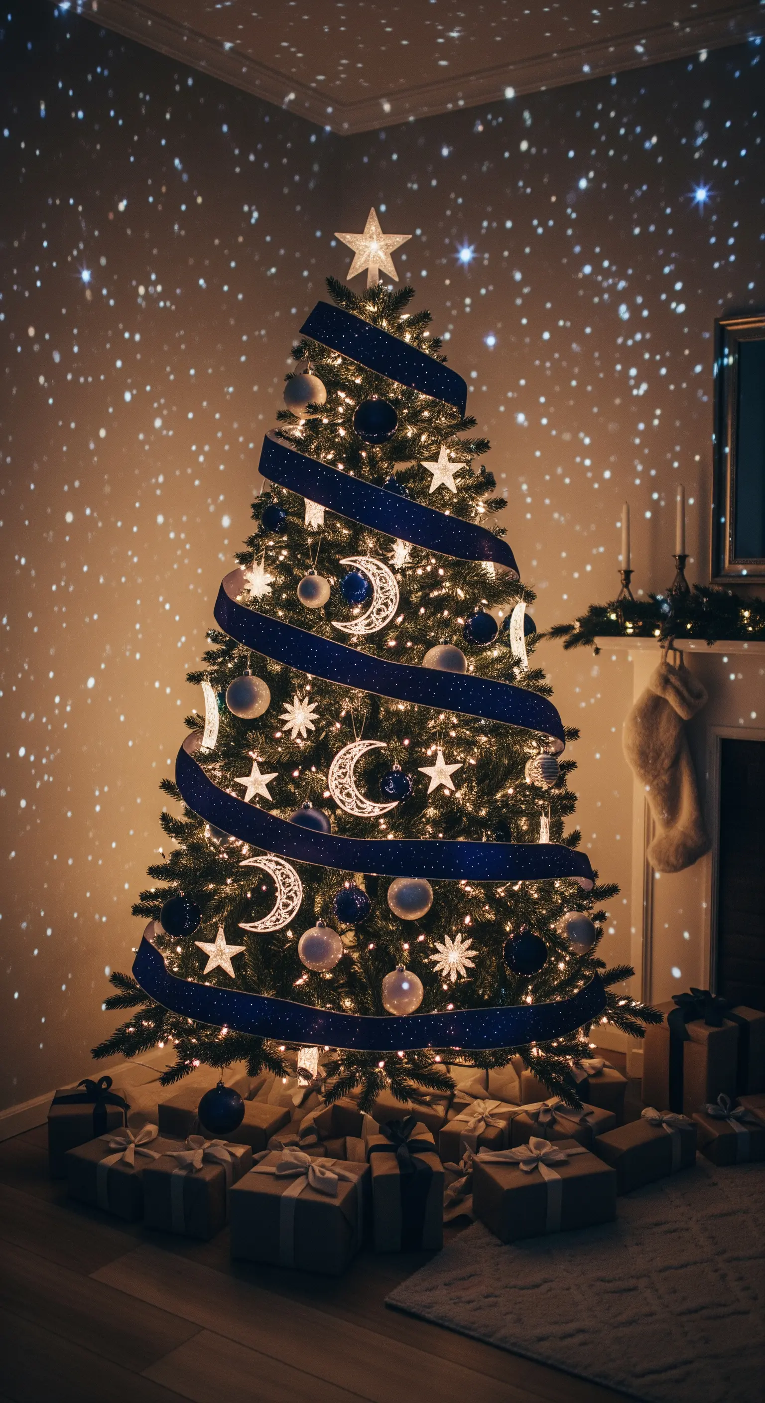 Albero di Natale con nastro blu notte, lune e stelle, e un effetto di luci a stella proiettate