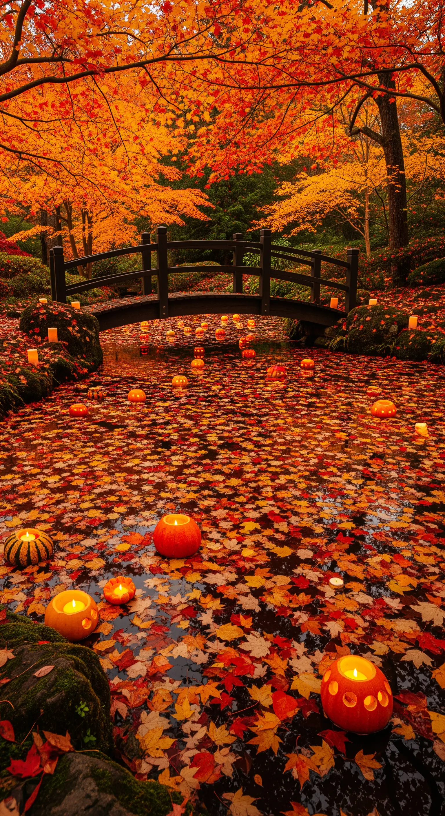 Laghetto autunnale con foglie rosse e zucche intagliate usate come lanterne galleggianti.