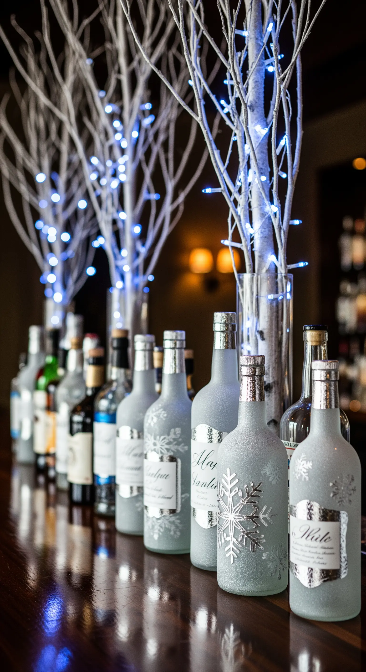 Bottiglie con finitura satinata effetto ghiaccio, decorate con fiocchi di neve argentati e luci blu.