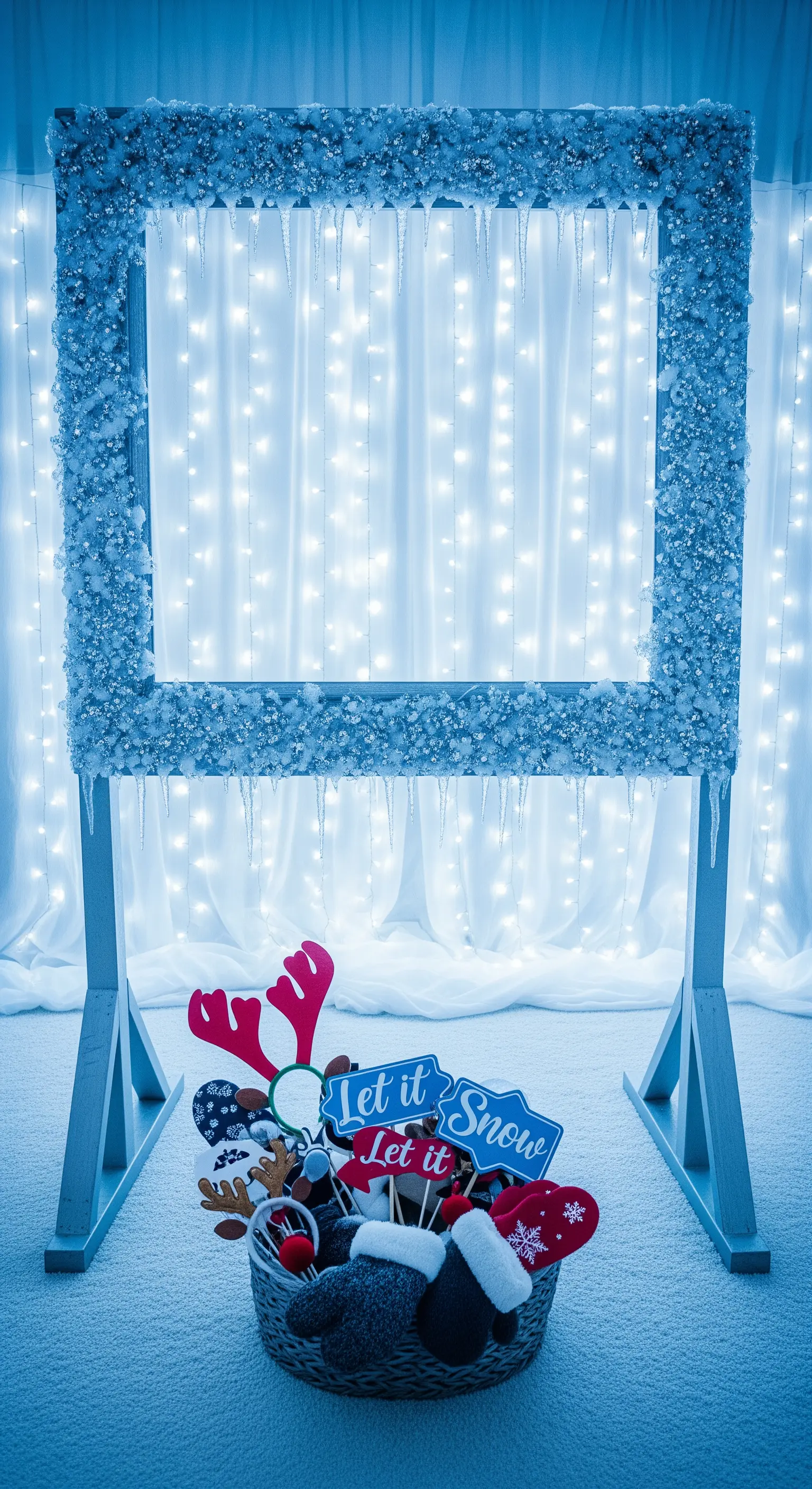 Cornice decorata con cristalli di ghiaccio e stalattiti, con uno sfondo di luci bianche.