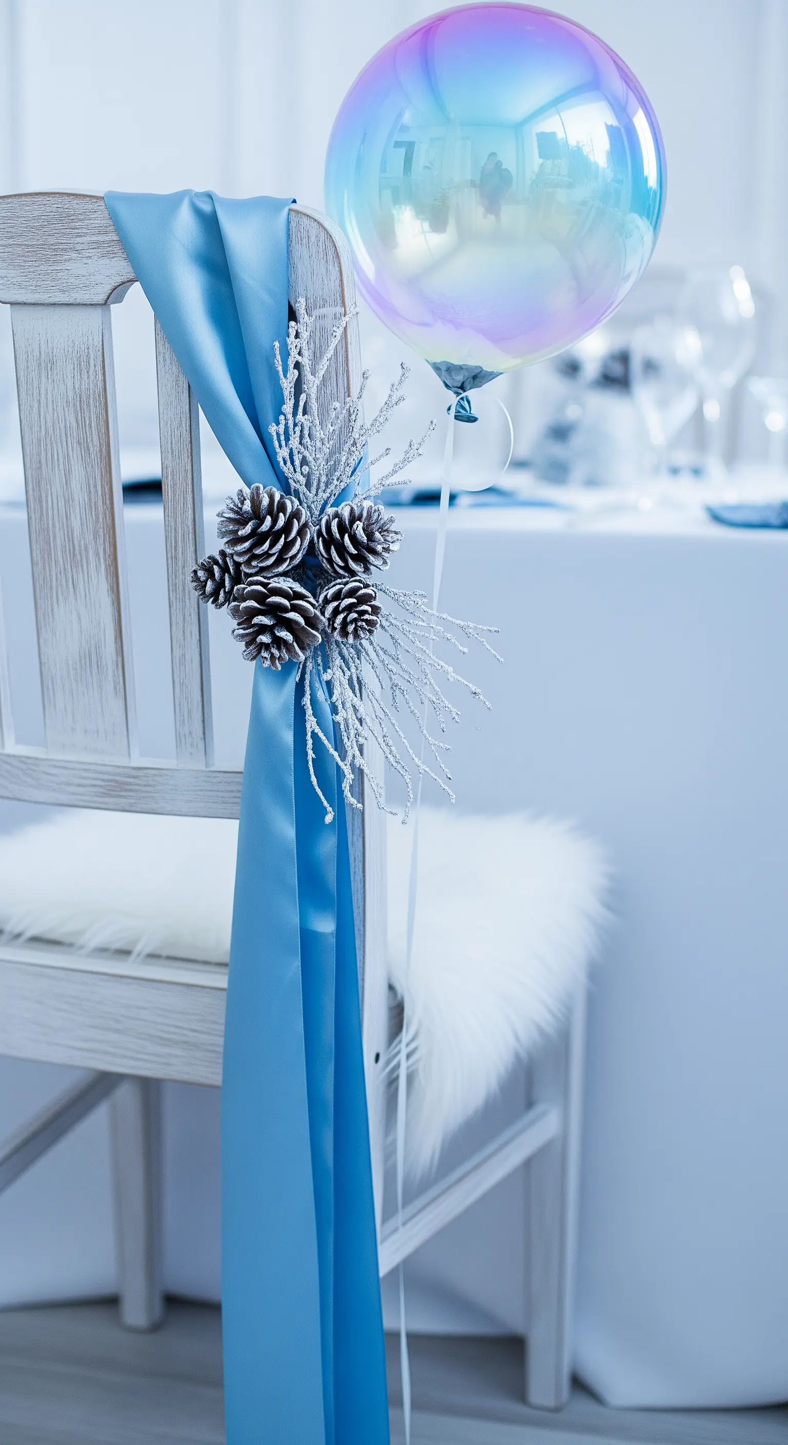 Sedia bianca con nastro azzurro, pigne innevate e palloncino olografico.