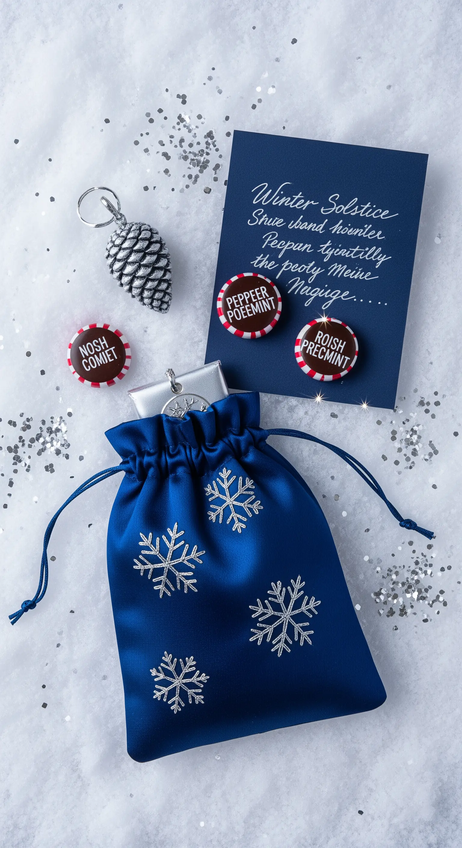 Sacchetto di raso blu con fiocchi di neve, cioccolatini alla menta e un portachiavi a pigna.