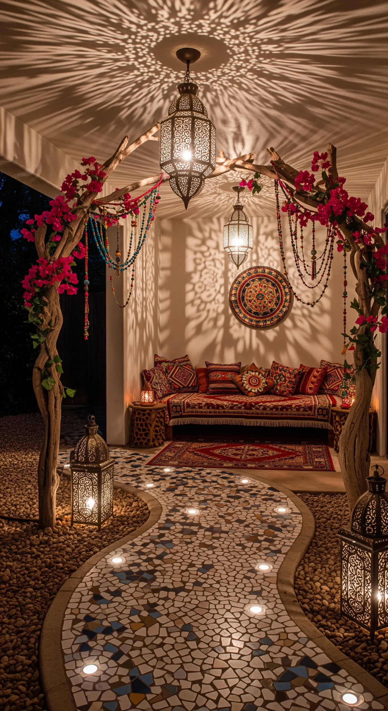 Patio in stile marocchino con sentiero a mosaico e lanterne che proiettano ombre suggestive.