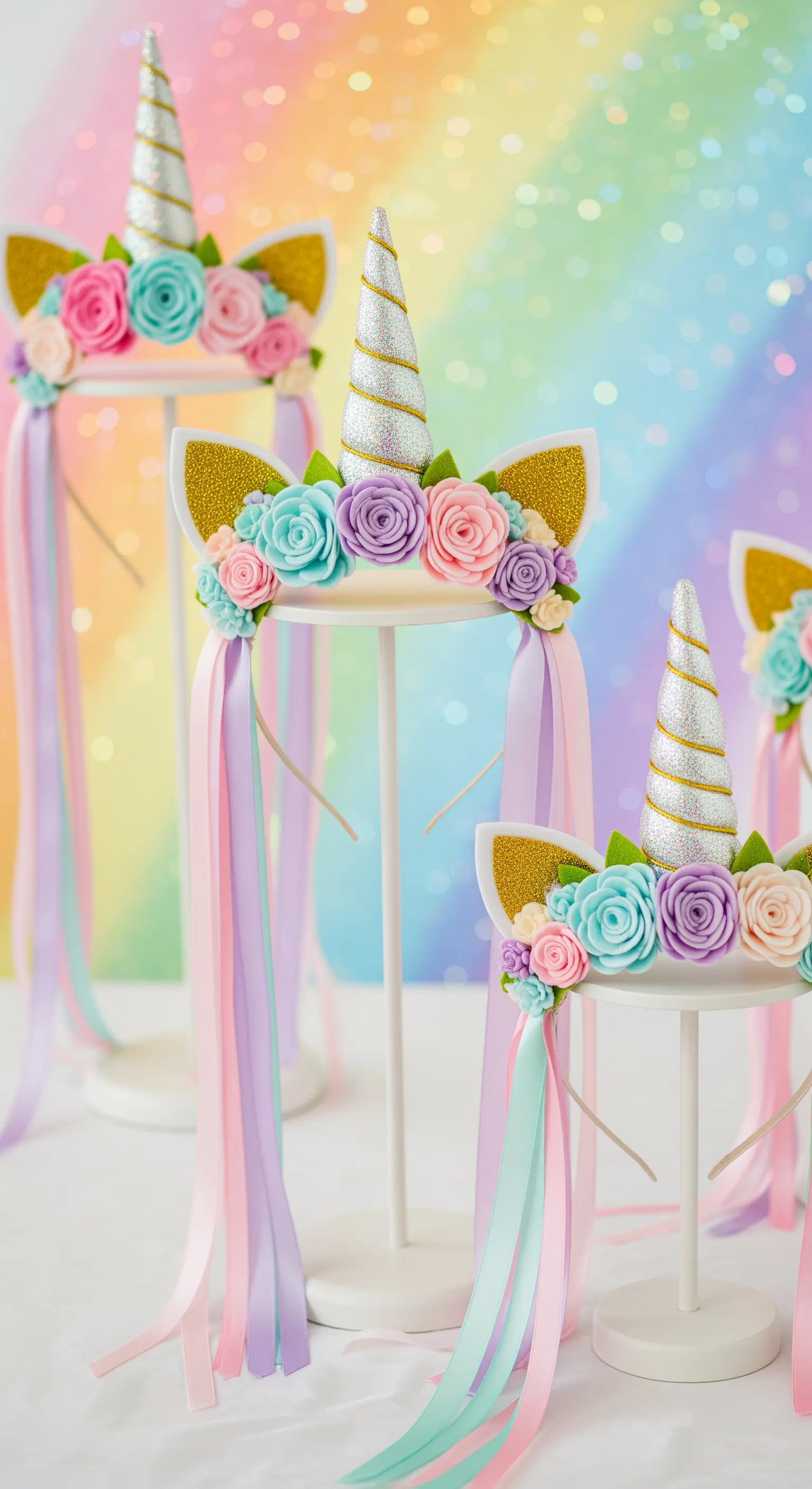 Cerchietti da unicorno fai da te con corni glitterati, fiori di stoffa e nastri colorati.