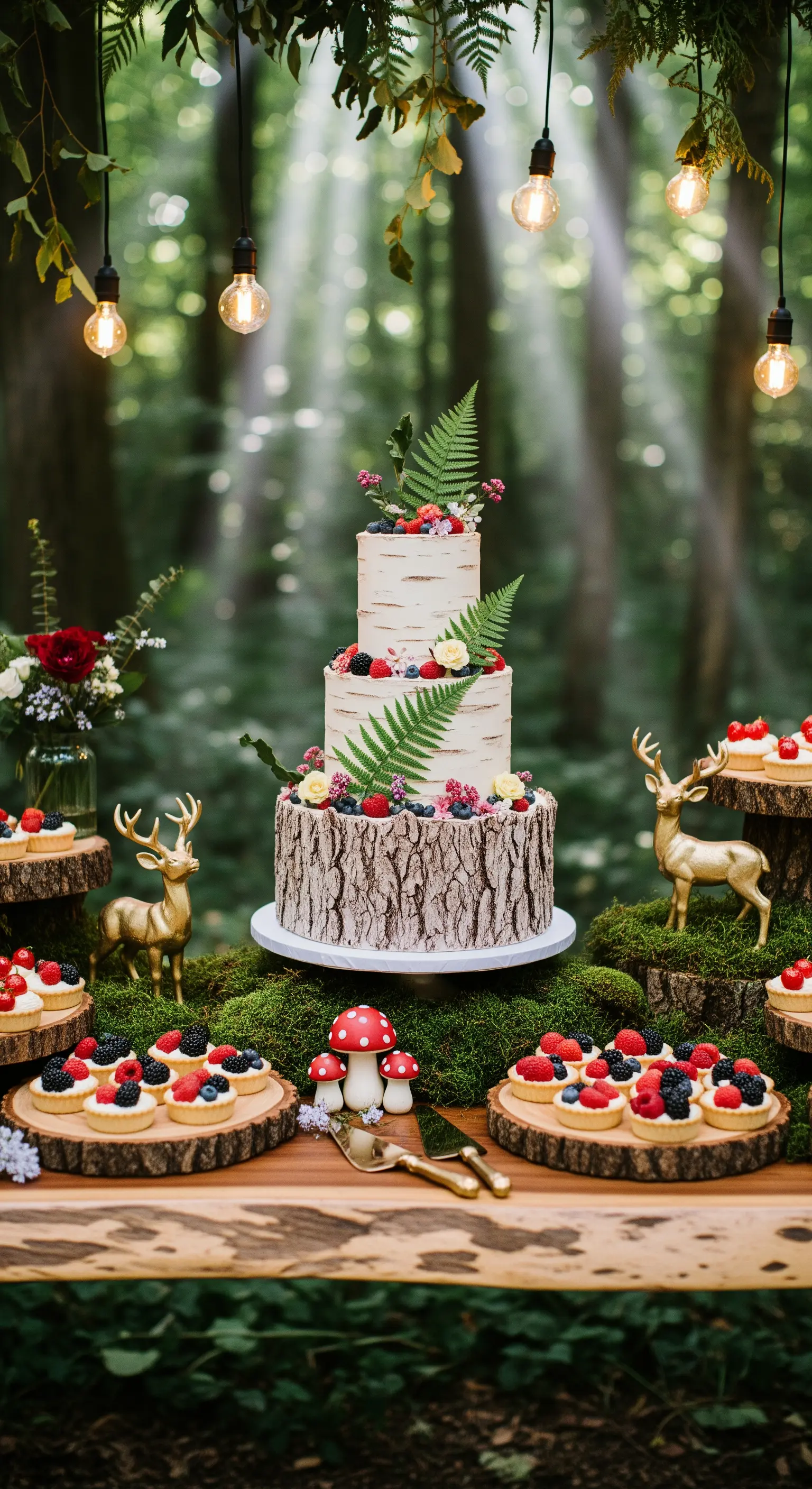 Torta nuziale a tema bosco decorata con felci e frutti di bosco, circondata da crostatine.