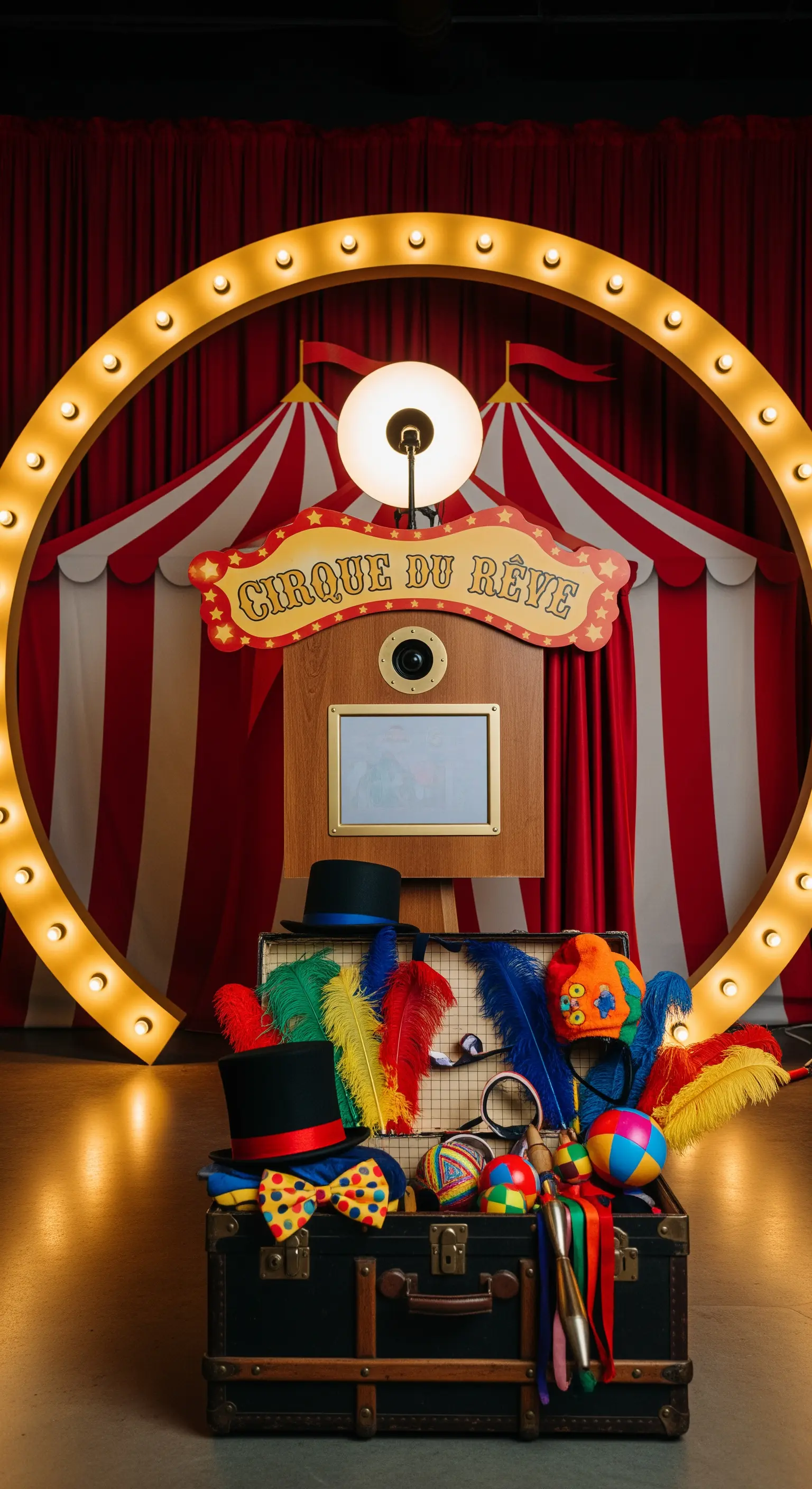 Photo booth a tema circo con tendone, cornice luminosa e un baule pieno di accessori colorati.